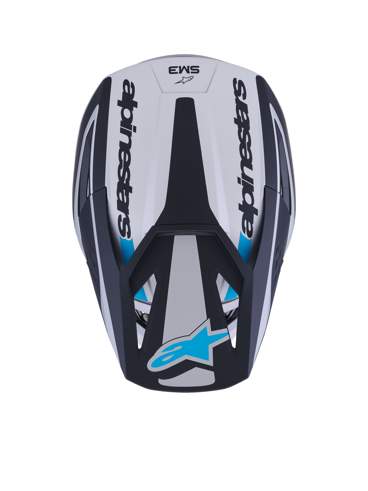 Alpinestars S-M3 Heat Helm, Motocross-Helm, Draufsicht, Silber, Blau und Schwarz matt, Alpinestars-Schriftzug an den Seiten, blaues Astar-Logo auf dem Visier, aerodynamisches Schalendesign mit mattem Finish.