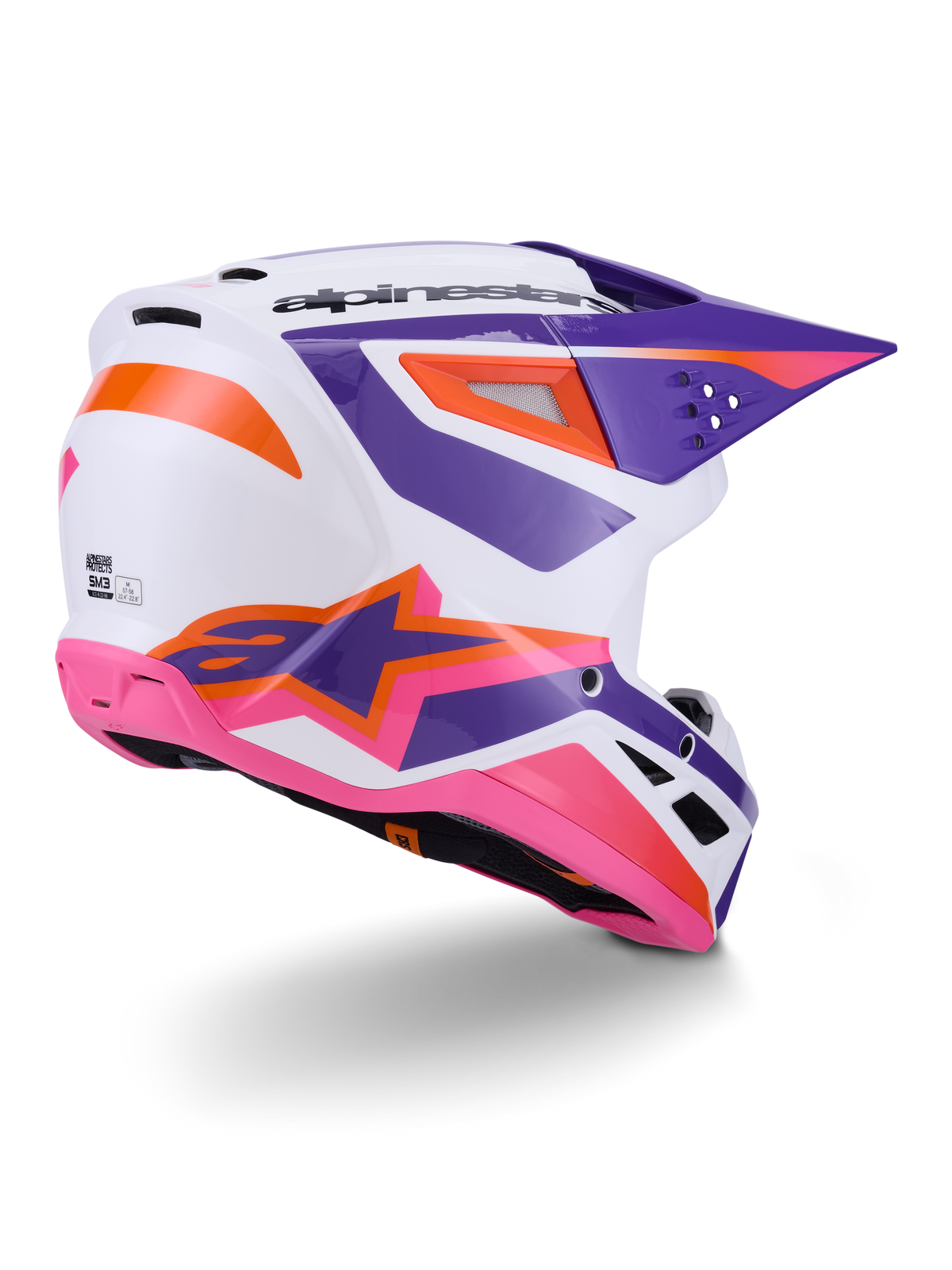 Alpinestars S-M3 Heat Helm ECE 22.06, Motocross-Helm, Weiß mit lila, pinken und orangefarbenen Akzenten, seitliche Rückansicht mit Belüftungsöffnungen und markantem Stern-Logo, glänzendes Finish für Offroad-Performance