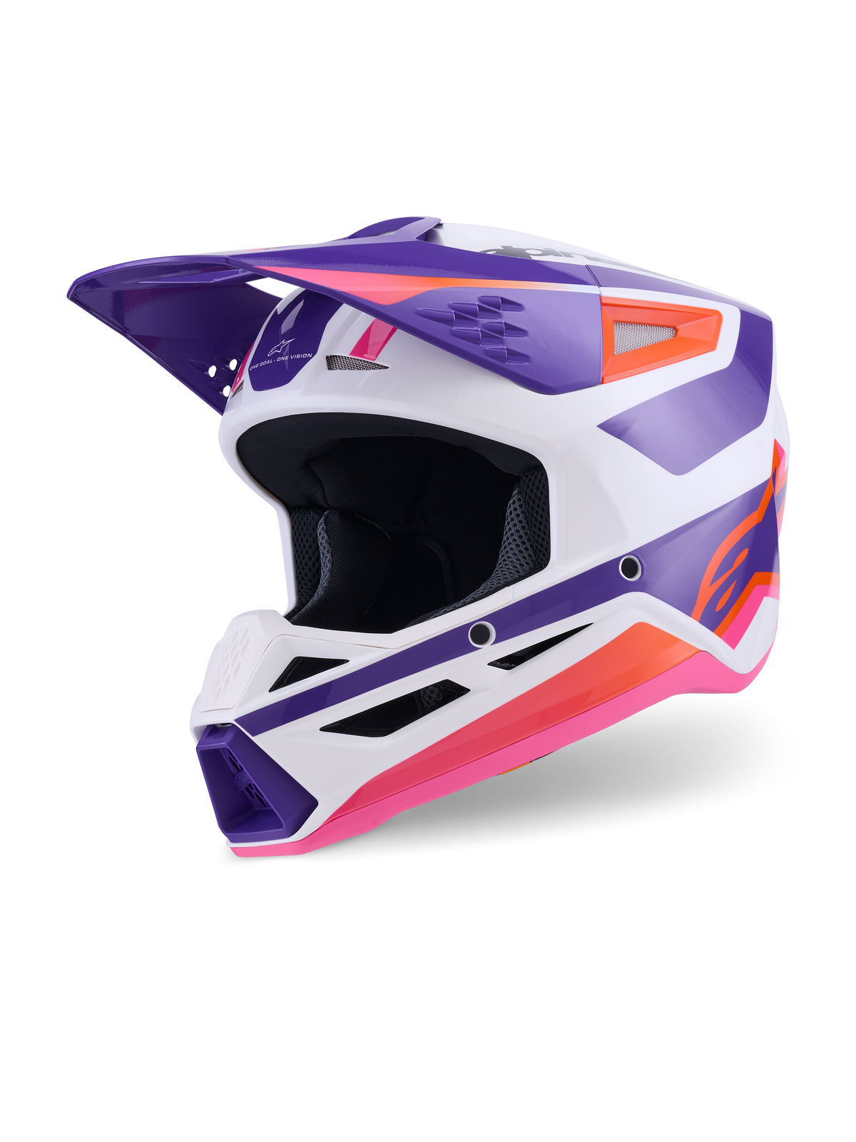Alpinestars S-M3 Heat Helm ECE 22.06, Motocross-Helm, Weiß, Violett und Rosa glänzend, Dreiviertel-Vorderansicht mit markanten geometrischen Grafiken, belüftetem Kinnbügel und aerodynamischem Helmschirm, Offroad-Rennschutz