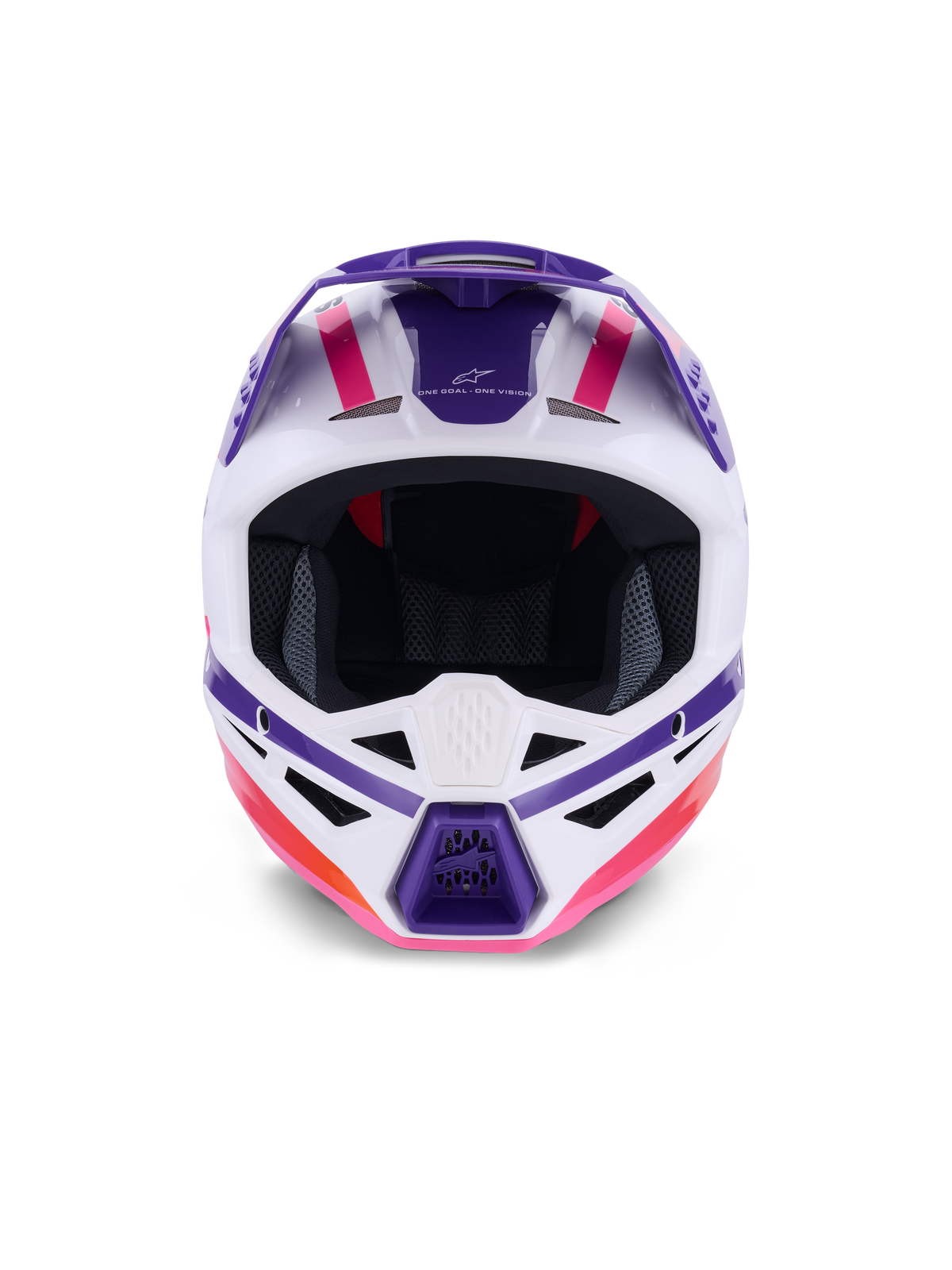Alpinestars S-M3 Heat Helm ECE 22.06, Motocross-Helm, Weiß, Lila und Pink glänzend, Vorderansicht mit Belüftungsöffnungen und markanten geometrischen Grafiken, professioneller Kopfschutz für den Offroad-Rennsport