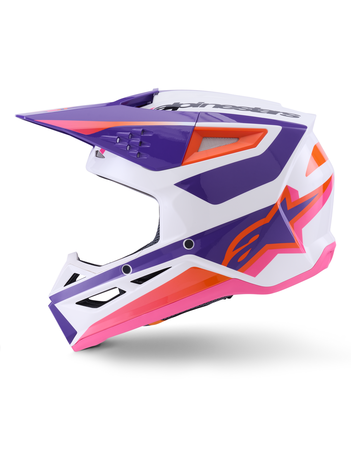 Alpinestars S-M3 Heat Helm ECE 22.06, Motocross-Helm, Weiß, Lila und Pink glänzend mit orangen Akzenten, Seitenprofil mit kantigem Grafikdesign, Belüftungsöffnungen und glänzendem Finish für den Offroad-Rennsport
