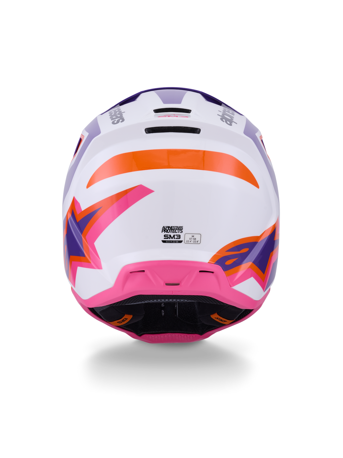 Alpinestars S-M3 Heat Helm ECE 22.06, Motocross-Helm, Rückansicht in Weiß Lila Rosa Glänzend mit orangefarbenen Akzenten, mit markanten Stern-Grafiken, hinteren Entlüftungsöffnungen und thermogespritztem Schalendesign für den Offroad-Rennsport.