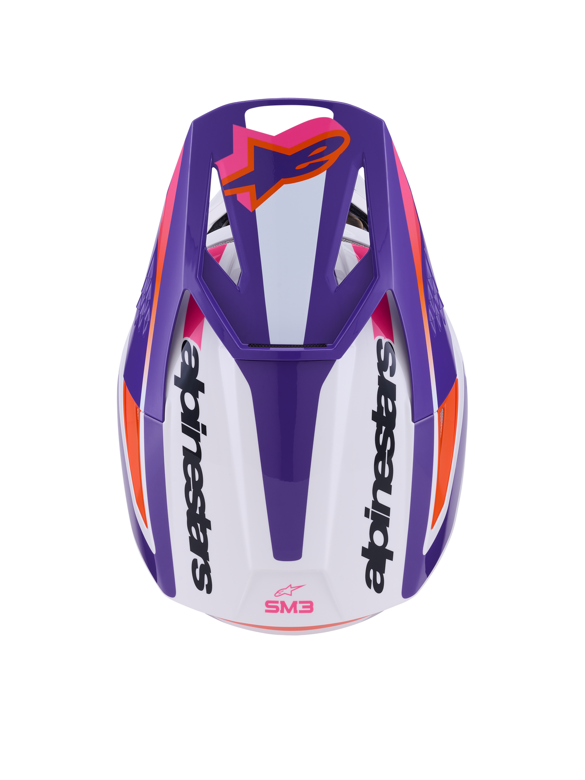 Alpinestars S-M3 Heat Helm ECE 22.06, Motocross-Helm, Weiß, Lila und Pink glänzend, Ansicht von oben zeigt belüftetes Visier mit orangefarbenem Astars-Logo und seitlichem Branding, glänzendes Finish mit markanten Grafiken