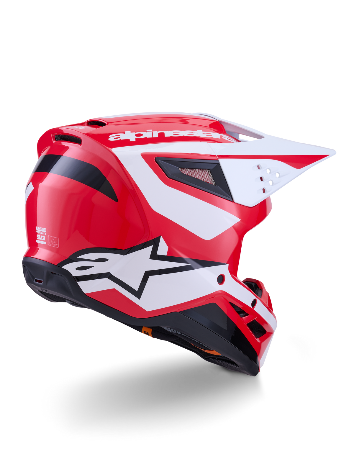 Alpinestars S-M3 Heat Motocross-Helm, Rot, Weiß und Schwarz glänzend, ECE 22.06-zertifiziert, Dreiviertel-Rückansicht.