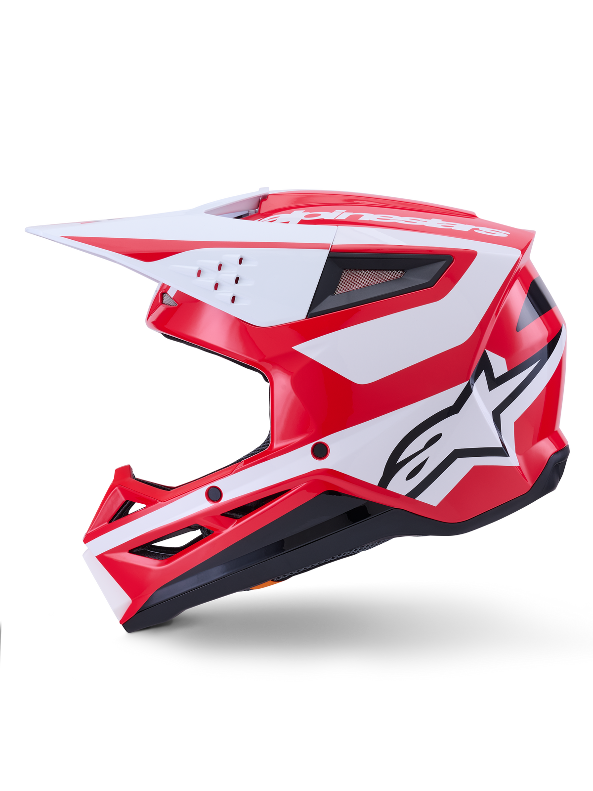 Alpinestars S-M3 Heat Helm, Motocross-Helm, Rot und Weiß glänzend, ECE 22.06 zertifiziert, Seitenprofil mit Astars-Logo.