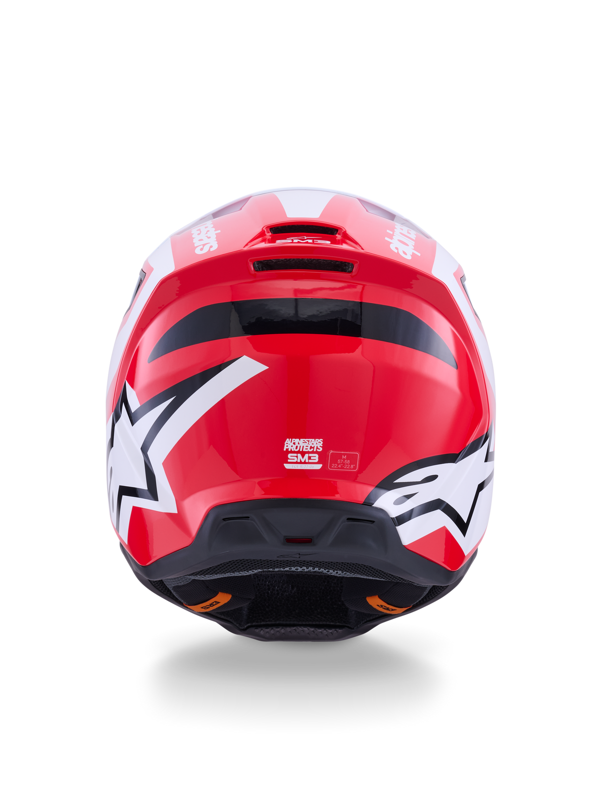 Alpinestars S-M3 Heat Motocross-Helm, Rot und Weiß glänzend, Rückansicht mit Stern-Logos und integrierten Auslassöffnungen.