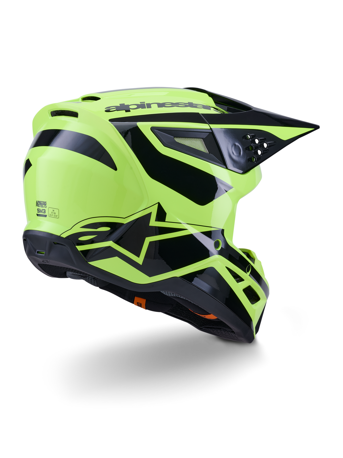 Alpinestars S-M3 Heat Helm, Motocross-Helm, Gelb Fluo und Schwarz glänzend, Dreiviertelansicht von hinten mit einer aerodynamischen Schale, integrierten Belüftungsöffnungen und markantem schwarzen Alpinestars-Branding, Hochglanz-Finish für Offroad-Performance.