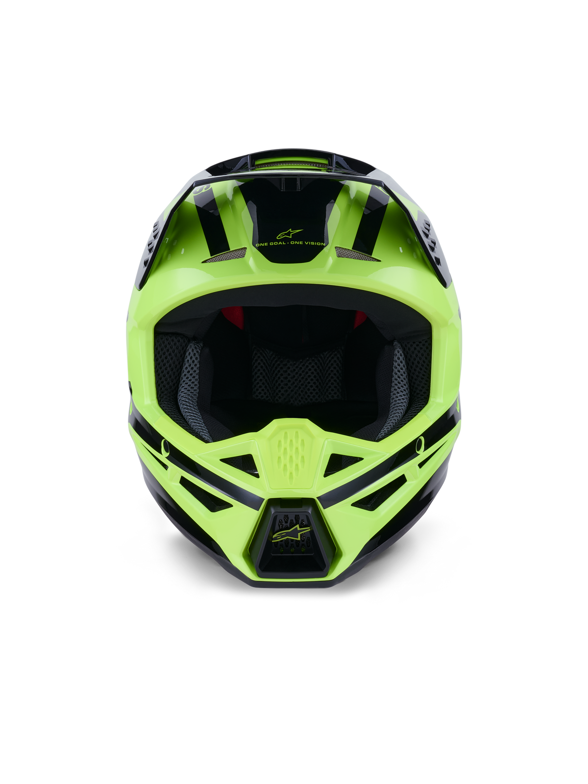 Alpinestars S-M3 Heat Helm, Frontansicht, Gelb Fluo und Schwarz Glänzend, professioneller Motocross- und Offroad-Helm, mit belüftetem Kinnbügel und schlankem aerodynamischem Design mit schwarzen Akzenten.