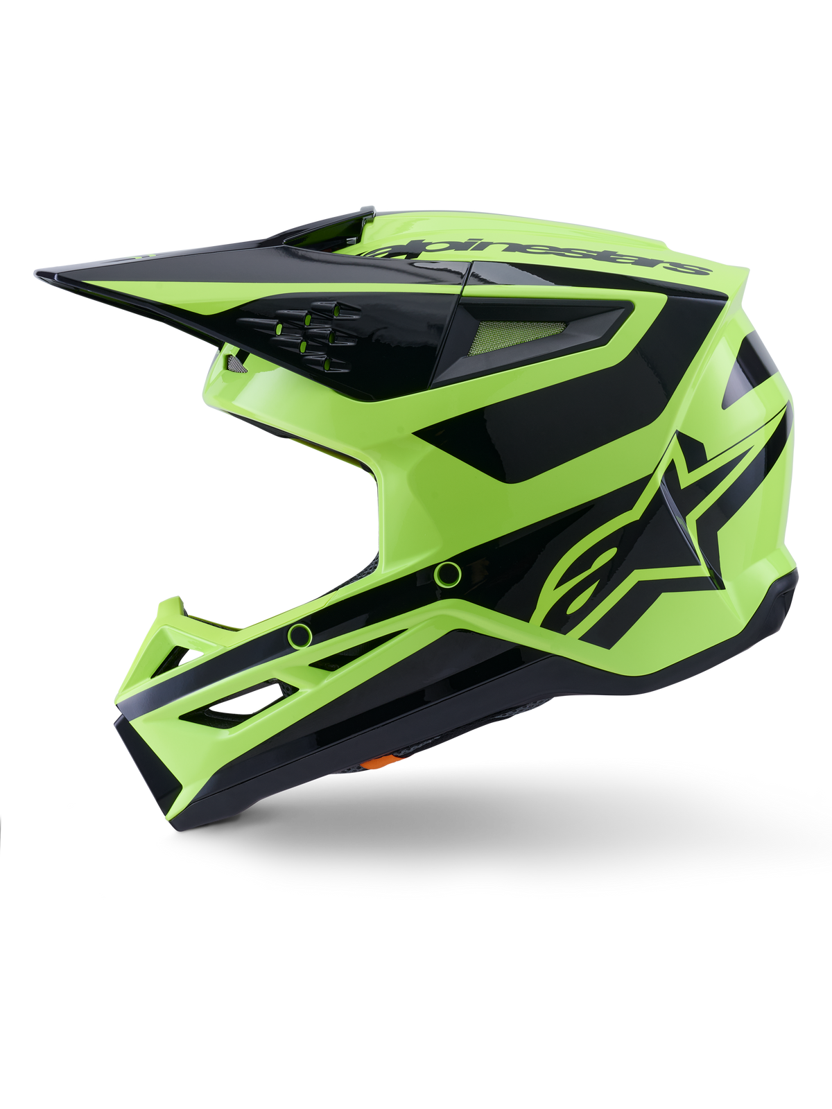 Alpinestars S-M3 Heat Helm, Motocross-Helm, Gelb Fluo und Schwarz Glänzend, Seitenansicht, mit kantiger thermogespritzter Schale, integriertem Visier, Belüftungsöffnungen und markantem Alpinestars-Branding, entwickelt für Offroad-Performance