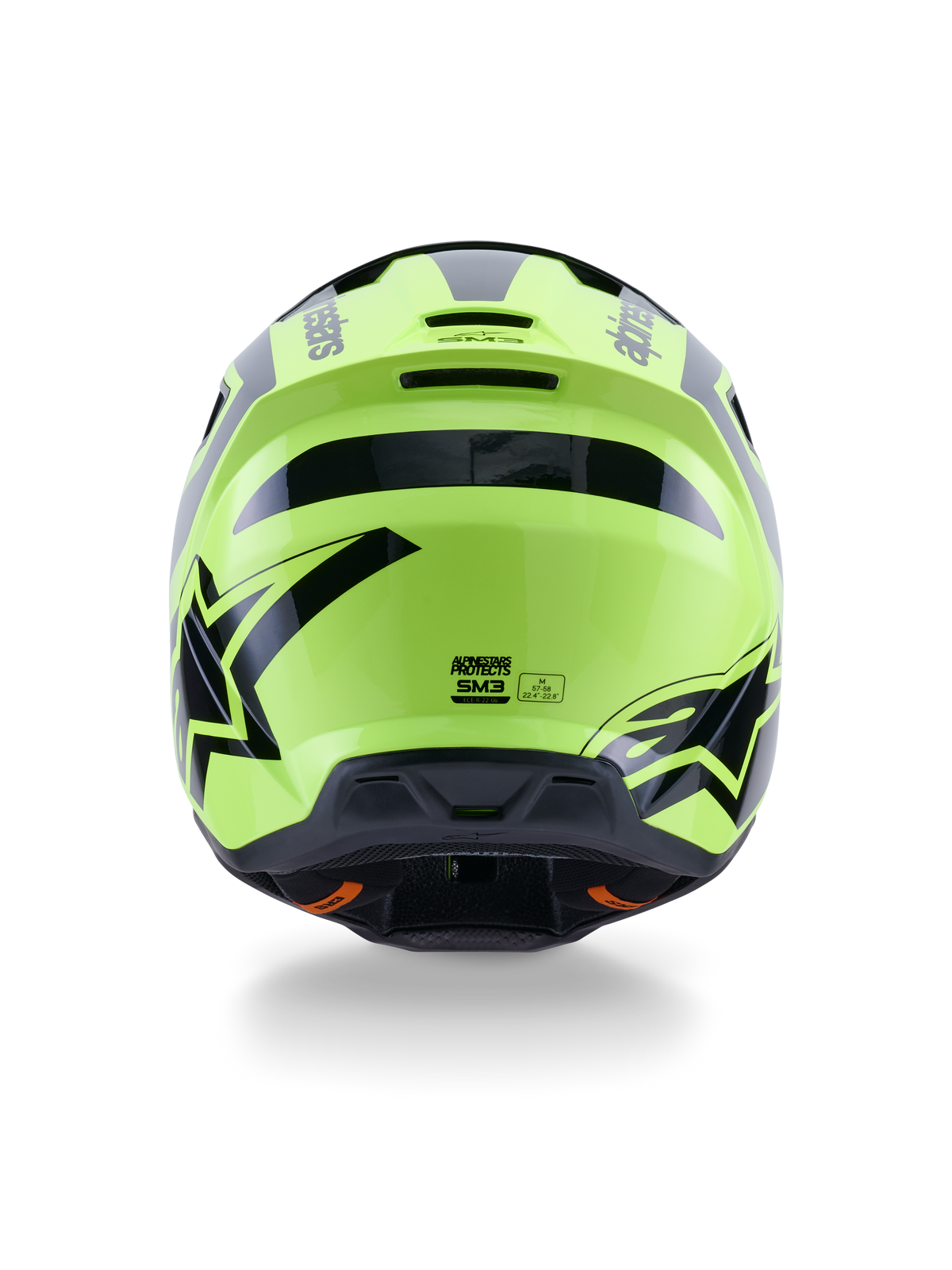 Alpinestars S-M3 Heat Helm, Motocross-Helm, Gelb Fluo und Schwarz Glänzend, Rückansicht mit markanten schwarzen Grafiken und Alpinestars-Logos, aerodynamische Schale mit integrierten Belüftungsöffnungen, gut sichtbare Offroad-Ausrüstung