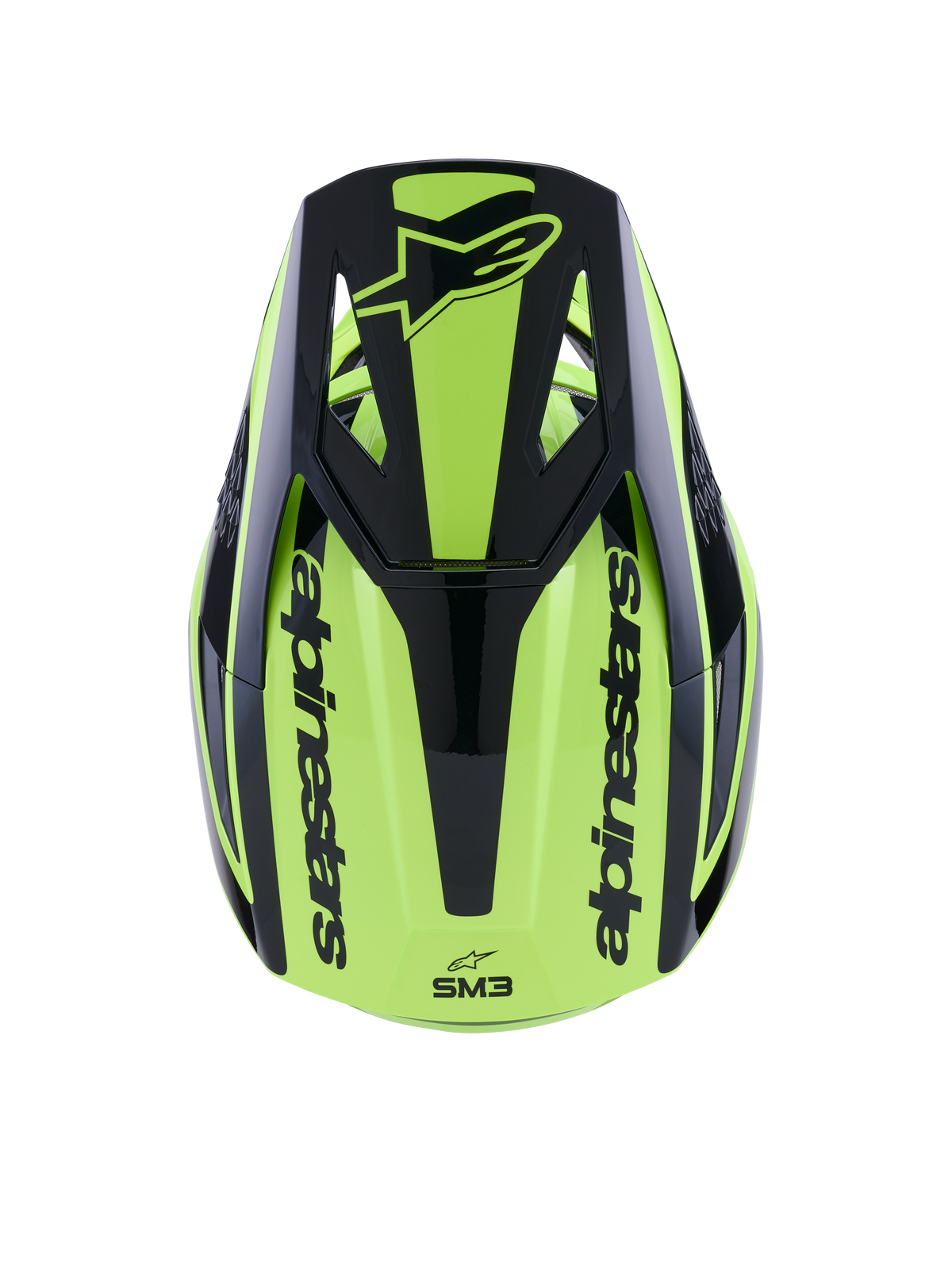 Alpinestars S-M3 Heat Helm, Motocross-Helm, Gelb Fluo und Schwarz Glänzend, Draufsicht mit schwarzem Visier mit Logo und Alpinestars-Branding an den Seiten, schlanke thermoplastische Schale für Offroad-Rennsport