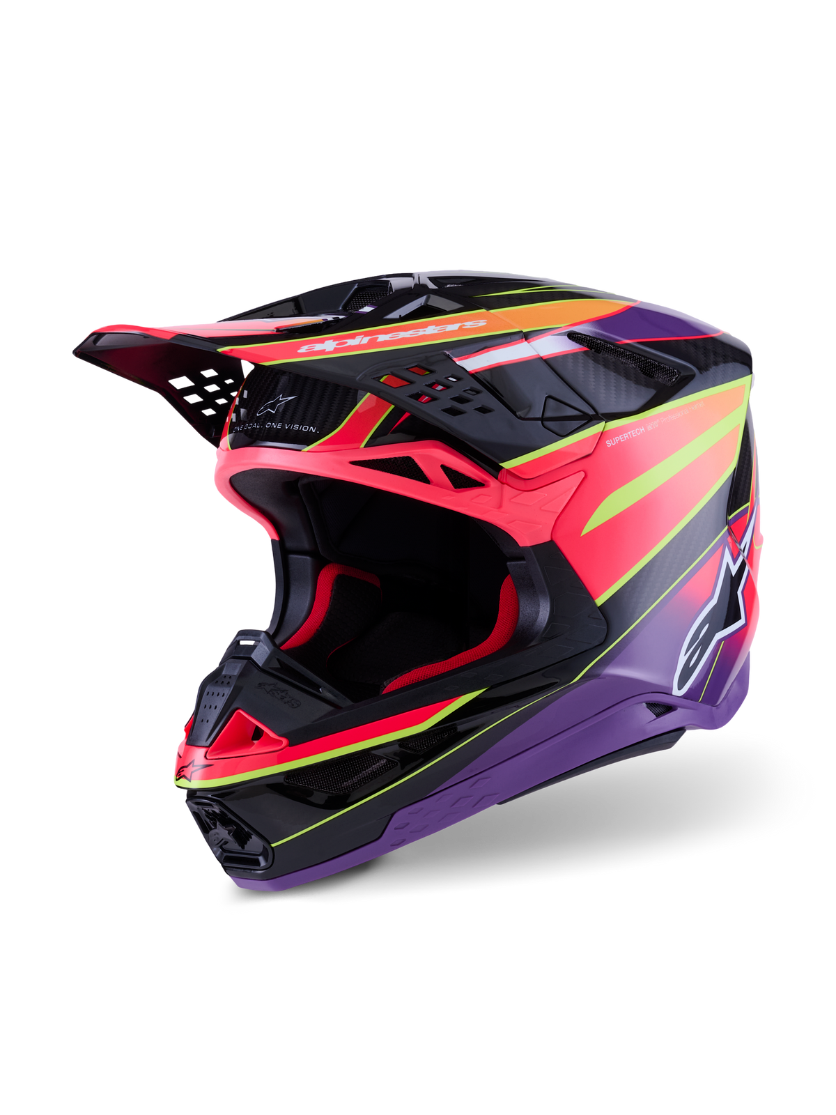 Casque Alpinestars Supertech M10 Era, casque de motocross, rose, violet et jaune fluo brillant, doté d'une coque en carbone multi-composite, design aérodynamique avec 28 ports de ventilation, finition brillante avec graphismes éclatants et logo Alpinestars, équipement professionnel de course tout-terrain