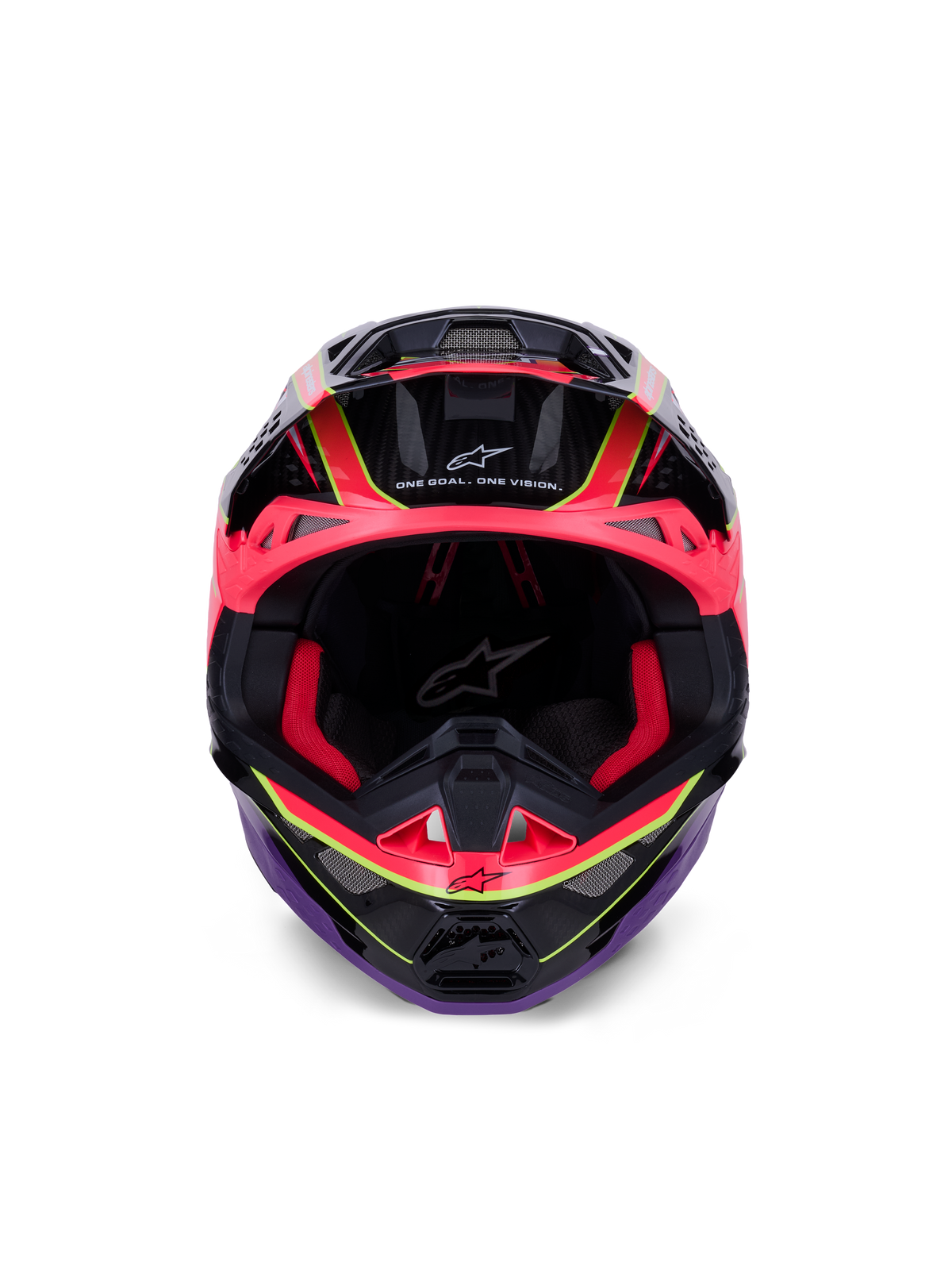 Casque Alpinestars Supertech M10 Era, casque de motocross, rose, violet et jaune fluo brillant, vue de face montrant le rembourrage intérieur rouge et les détails de la coque en fibre de carbone, avec le texte 'One Goal. One Vision.', protection de course tout-terrain professionnelle