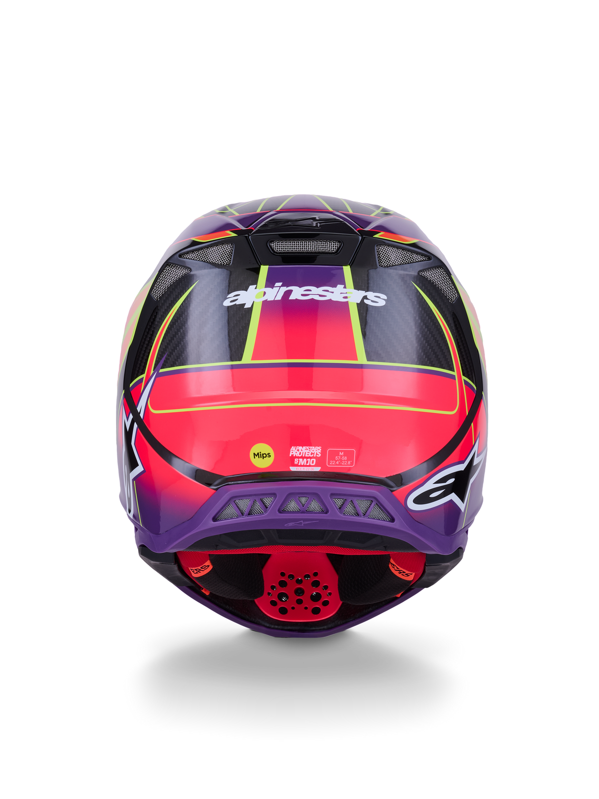 Casque Alpinestars Supertech M10 Era ECE 22.06, vue arrière, rose violet et jaune fluo brillant, casque de motocross avec construction en fibre de carbone et technologie de protection MIPS