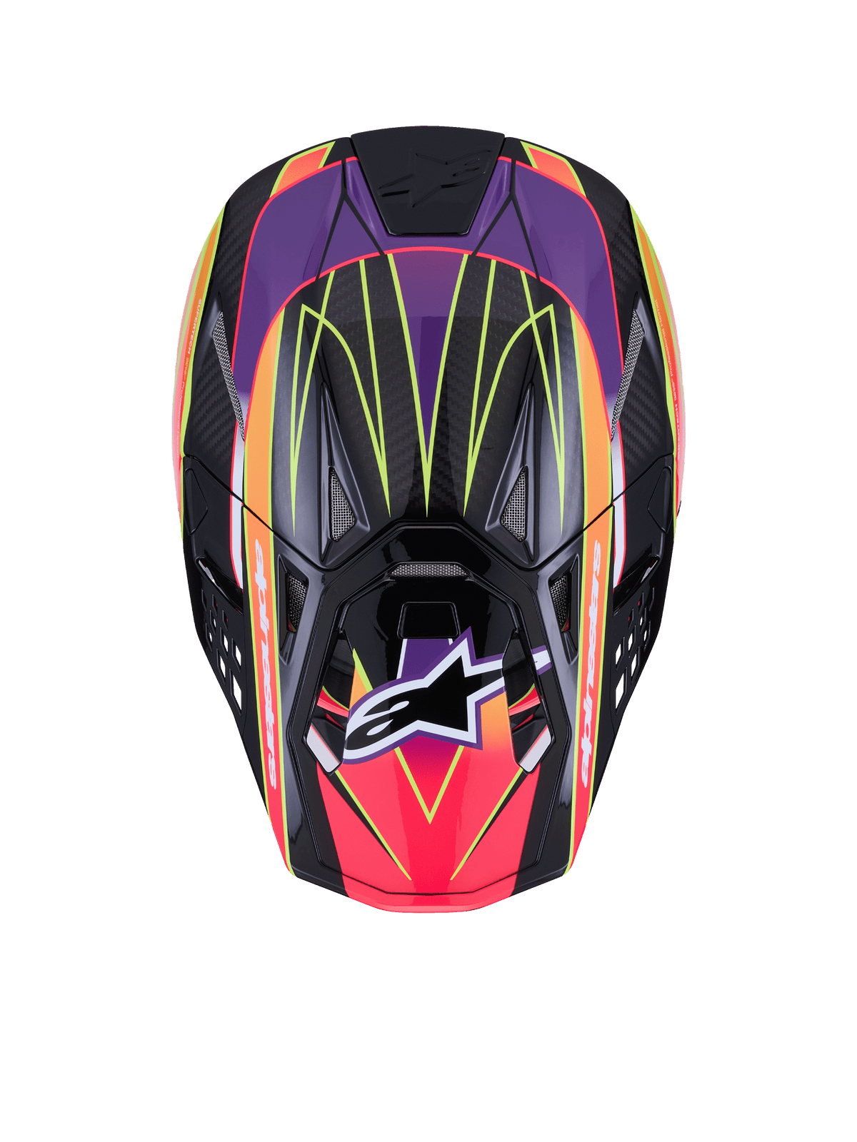 Casque Alpinestars Supertech M10 Era ECE 22.06, casque de motocross, rose, violet et jaune fluo brillant, vue de dessus montrant la coque en carbone haute densité avec finition brillante, motifs géométriques éclatants, ports de ventilation intégrés et logo Alpinestars emblématique