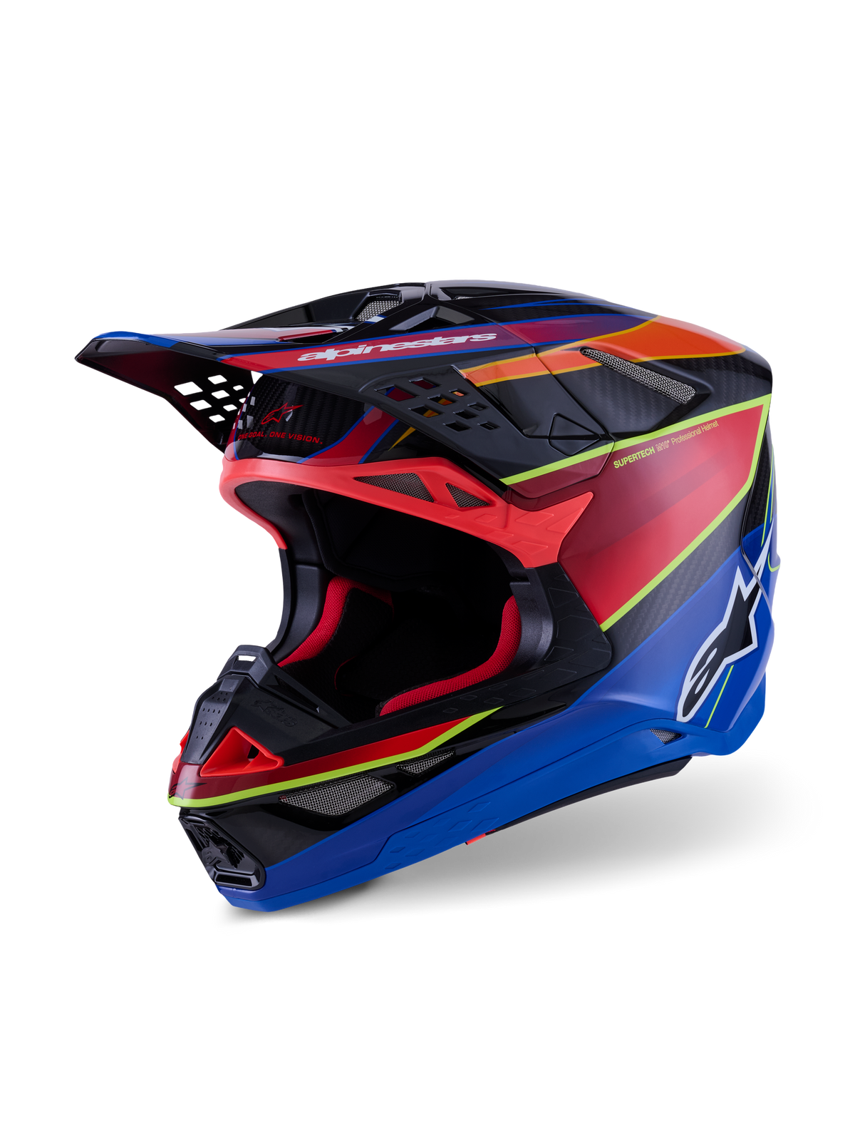 Alpinestars Supertech M10 Era Helm, Motocross-Helm, Blau, Rot und Gelb Fluo Glänzend, professionelles Multi-Composite-Carbon-Schalendesign mit fortschrittlichen Belüftungsöffnungen und aerodynamischem Visier für Offroad-Rennsport