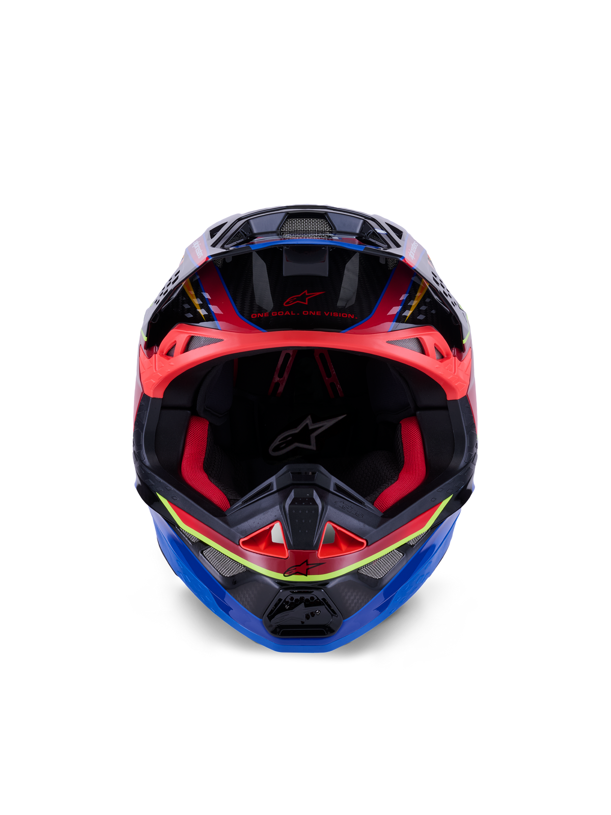 Alpinestars Supertech M10 Era Helm, Motocross-Helm, Blau, Rot und Neongelb Glänzend, Vorderansicht mit roter Innenpolsterung und aggressiven Belüftungsöffnungen, glänzende 3K-Carbon-Schale mit aerodynamischem Design für Offroad-Rennsport