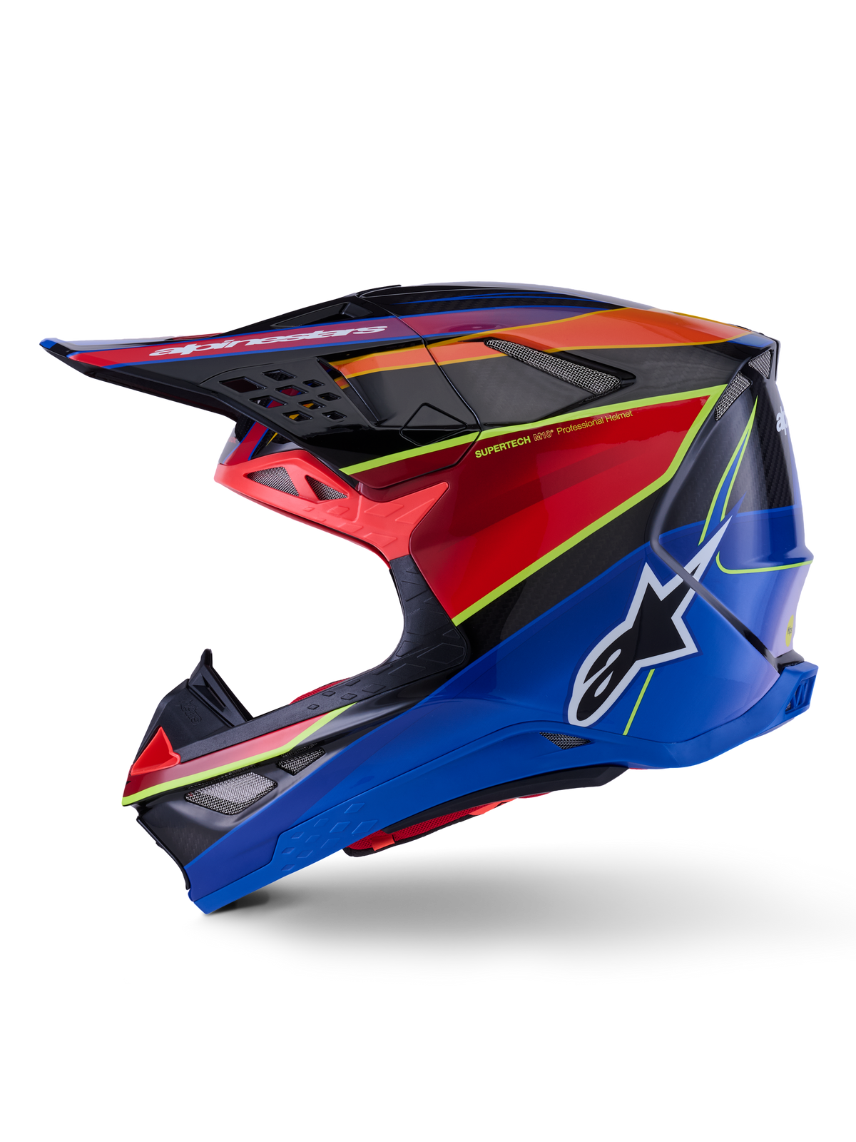 Alpinestars Supertech M10 Era Helm, Motocross-Helm, Blau, Rot und Gelb Fluo Glänzend, Seitenansicht mit aerodynamischer Carbonfaserschale, markantes Alpinestars-Logo auf der Seite und mehrere Belüftungsöffnungen, professionelle Offroad-Rennausrüstung