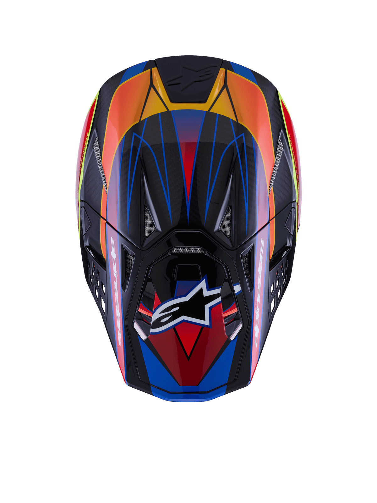 Alpinestars Supertech M10 Era Helm, Draufsicht, glänzendes Finish in Blau, Rot und Gelb Fluo, Carbonfaser-Schale, mehrere Belüftungsöffnungen mit Mesh, Alpinestars-Logo auf dem Visier, fortschrittliche Motocross-Schutzausrüstung