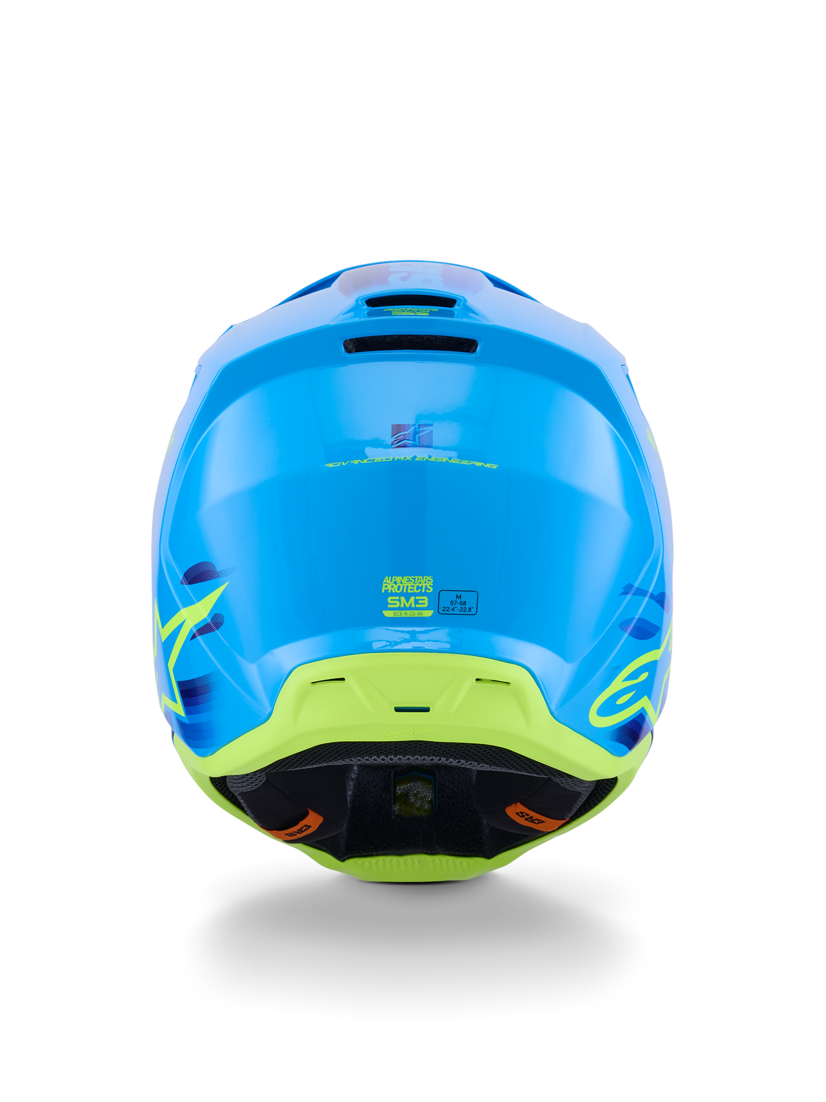 Alpinestars S-M3 Force OCD Helm, Motocross-Helm, Cyan Glänzend mit limettengrünen und gelben Akzenten, Rückansicht mit Fokus auf aerodynamischer Schalenkonstruktion, Auslassöffnungen und ECE 22.06 Sicherheitskennzeichnungen.