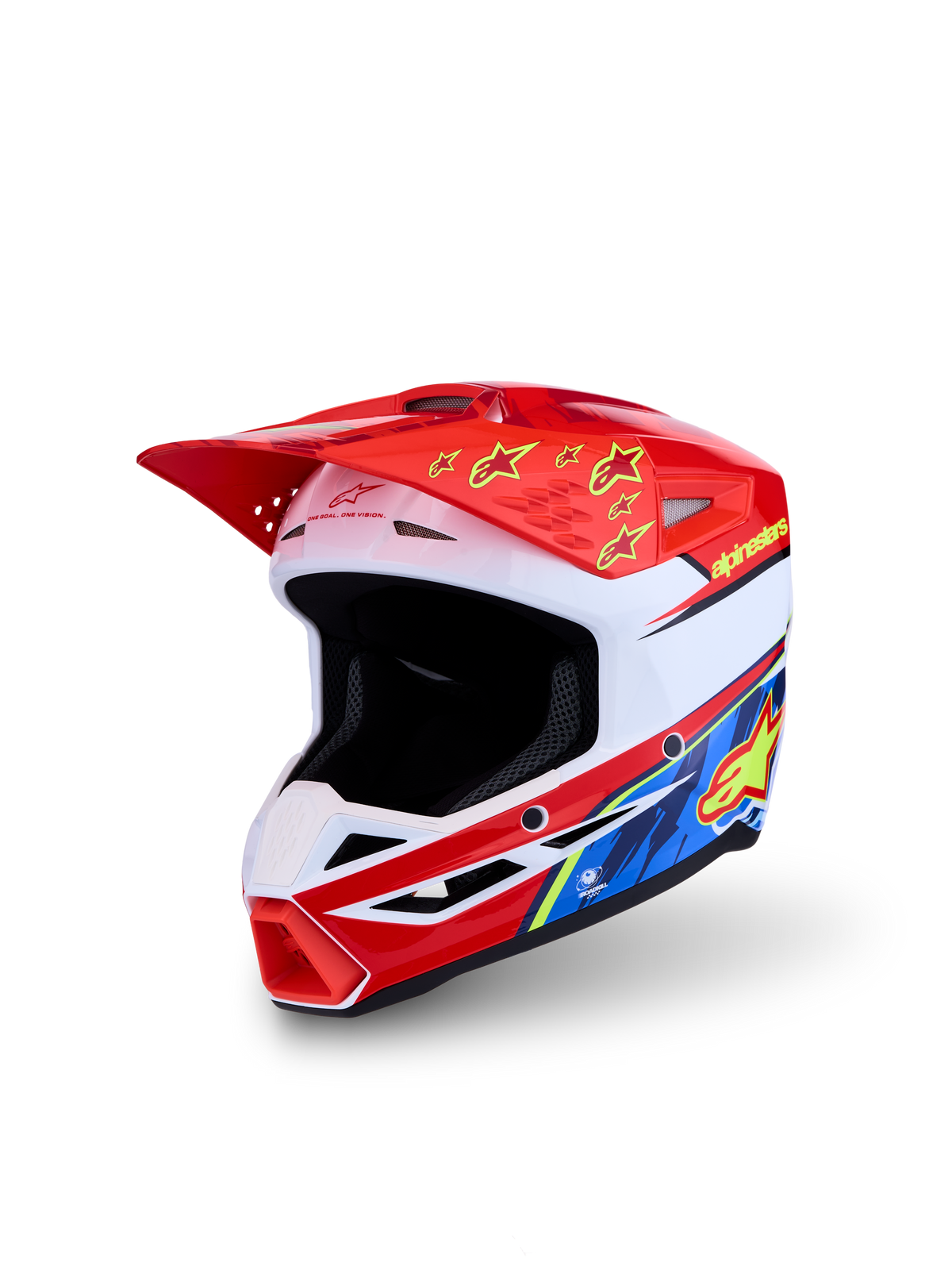 Casque Alpinestars SM3 Falcon Junior ECE06, motocross pour enfant, rouge et blanc, motifs jaunes et bleus, certifié ECE 2206.