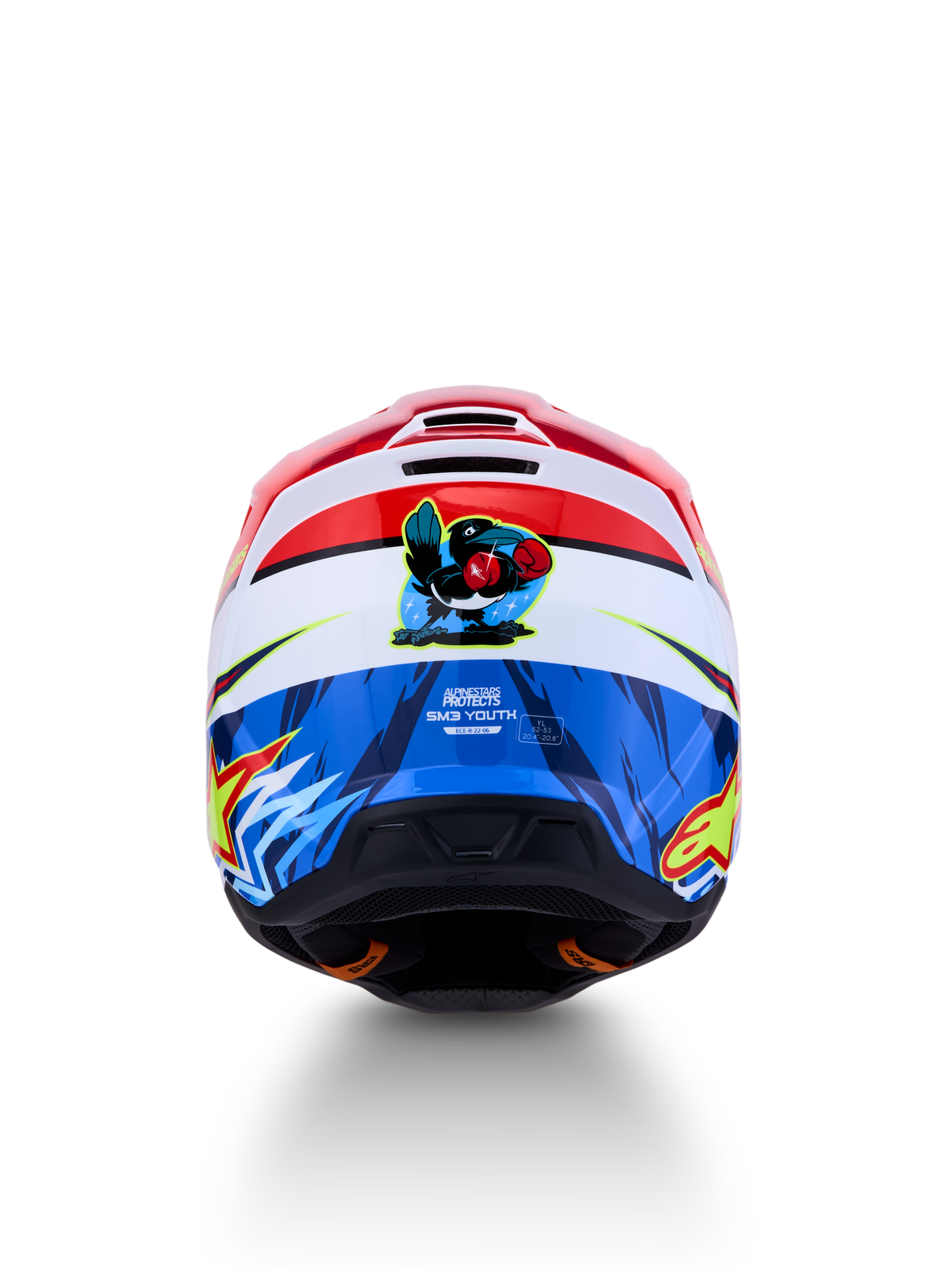 Casque Alpinestars SM3 Falcon Junior, motocross, rouge, blanc et bleu, certifié ECE 2206, graphique de faucon boxeur au dos