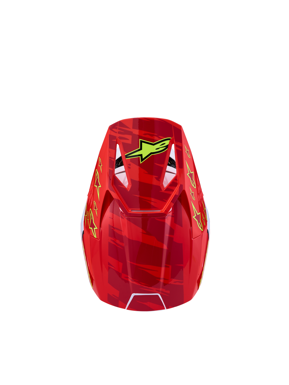 Casque Alpinestars SM3 Falcon Junior ECE06, casque de motocross pour enfant, rouge et jaune avec graphismes camouflage, vue de dessus montrant les aérations, certifié ECE 2206