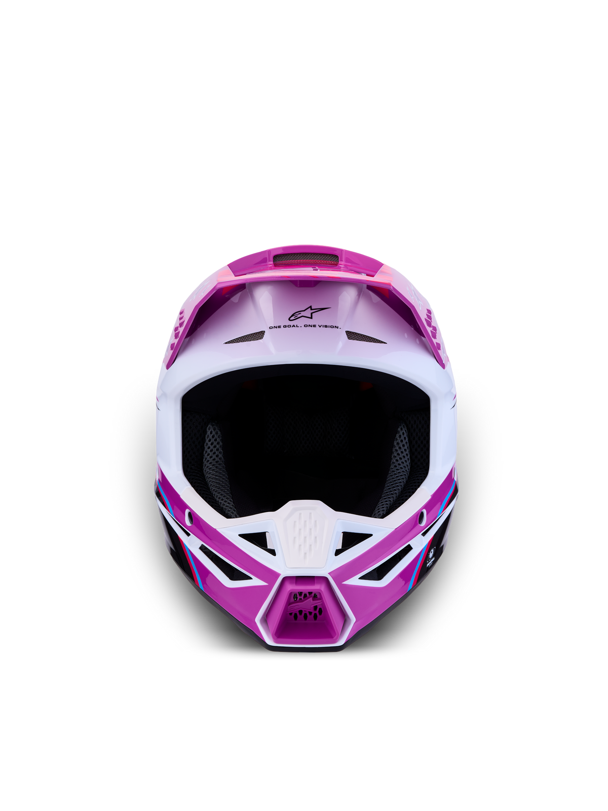 Alpinestars Jeugd SM3 Falcon helm, paarse en witte motorcrosshelm voor off-road, lichtgewicht schaal, vooraanzicht, ECE 2206.
