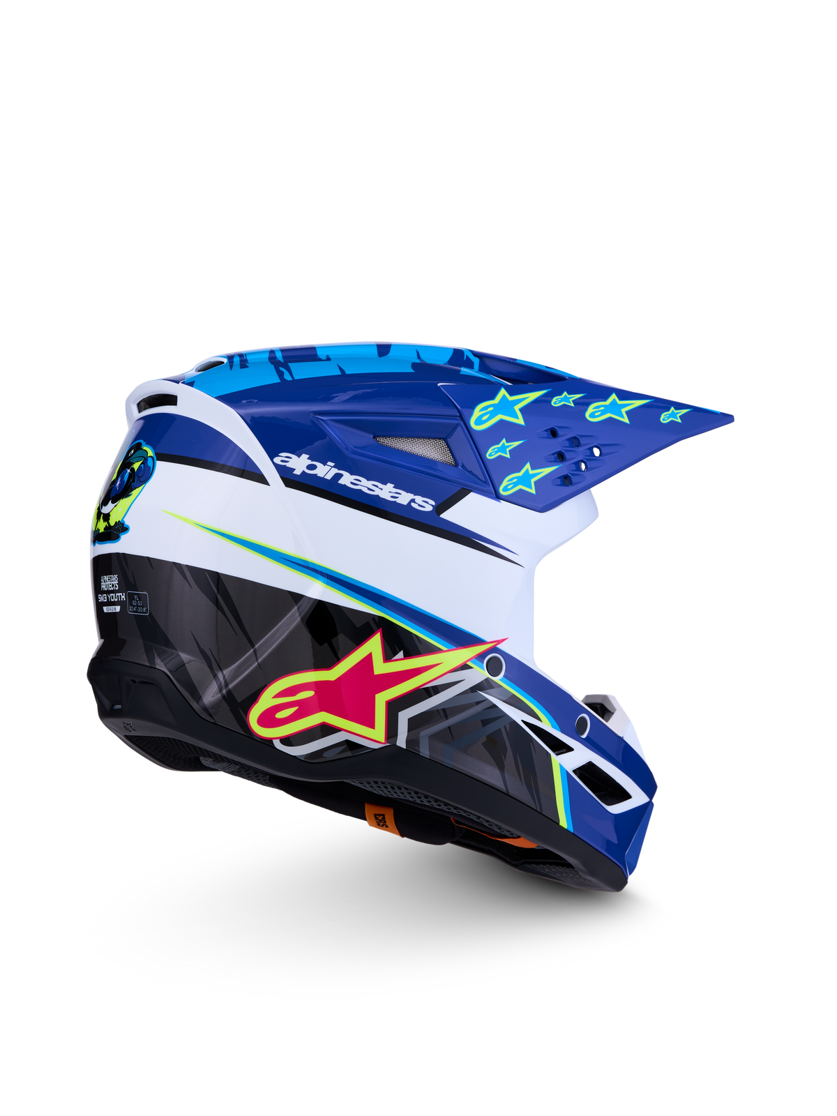 Casque Alpinestars SM3 Falcon Junior ECE06, motocross enfant, bleu et blanc, motifs roses et jaunes fluo, certifié ECE 22.06