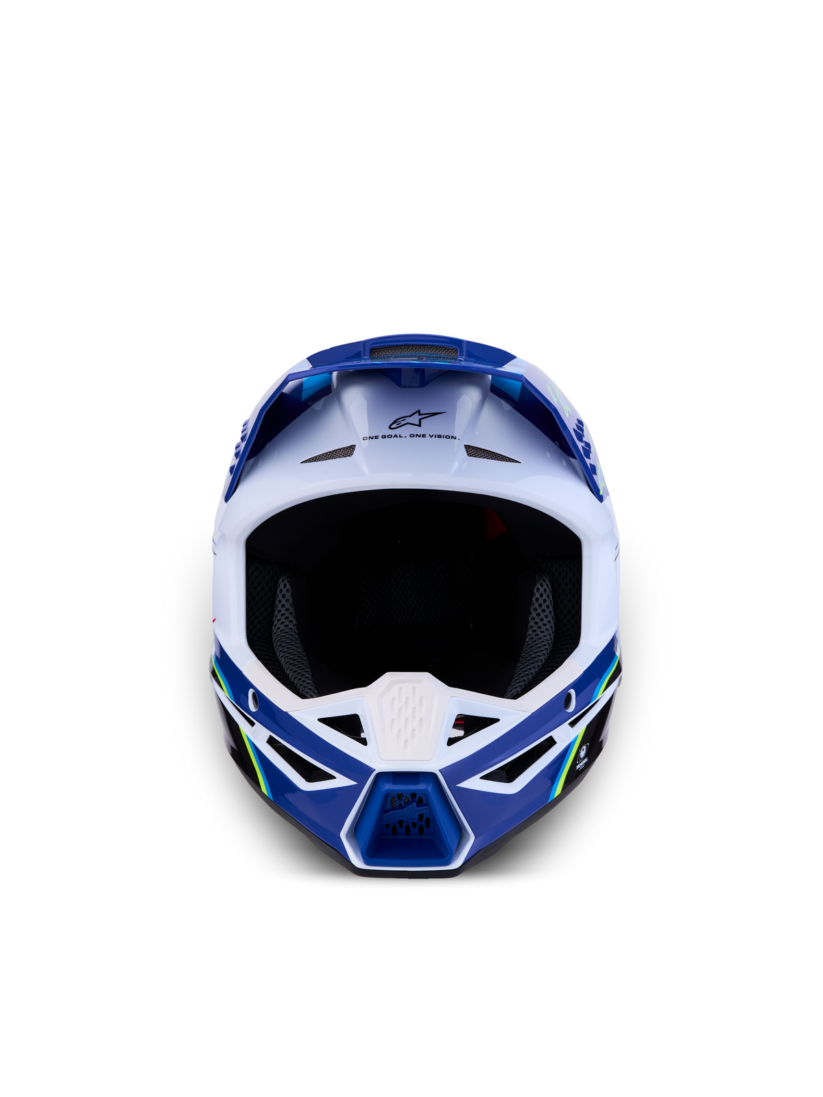 Alpinestars SM3 Jugend-Helm Falcon ECE06, blau-weißer Motocross-Helm für Jugendliche, Frontalansicht mit Belüftungssystem