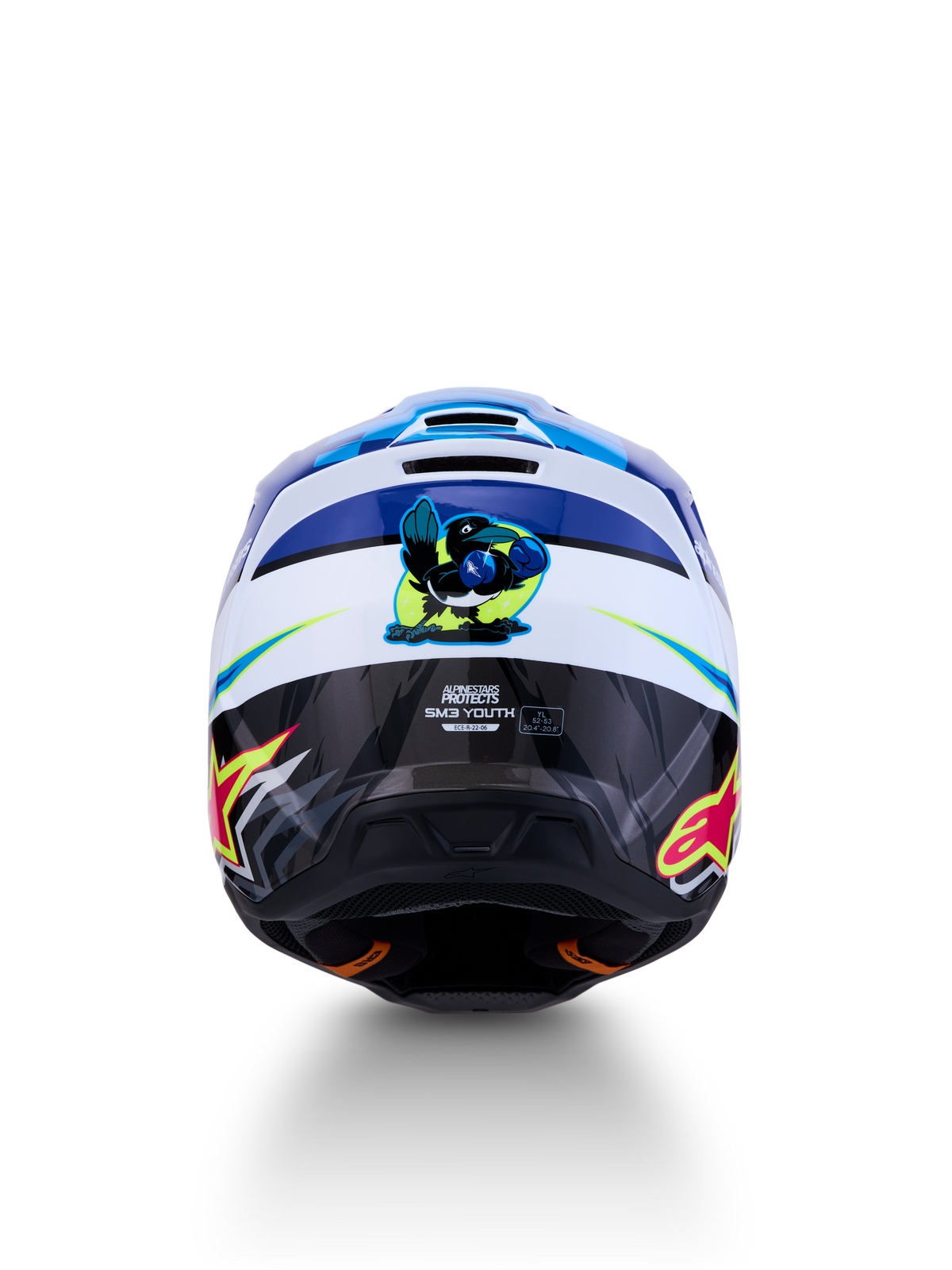 Casque Alpinestars SM3 Falcon Junior, casque de motocross bleu et blanc, vue arrière avec graphismes brillants, certifié ECE