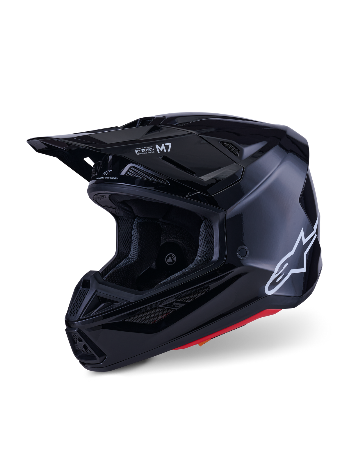Alpinestars S-M7 Solid Helm, Motocross-Helm, Schwarz glänzend, mit einem weißen Alpinestars-Logo an der Seite, aerodynamischem Visier und mehreren Lufteinlassöffnungen für Schutz bei Offroad-Rennen