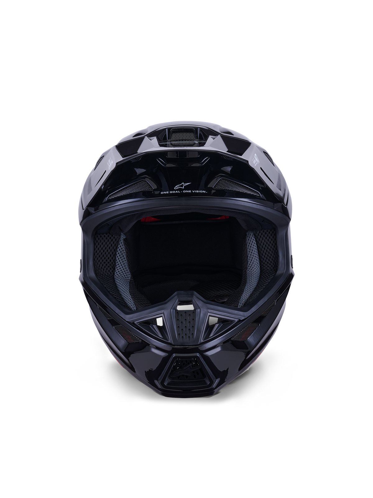 Alpinestars S-M7 Solid Helm ECE 22.06, Motocross-Helm, Schwarz glänzend, Frontansicht mit Fokus auf die aerodynamische Verbundschale, Belüftungsöffnungen am Kinnbügel und interne Mesh-Polsterung, elegantes Design für den Offroad-Rennsport