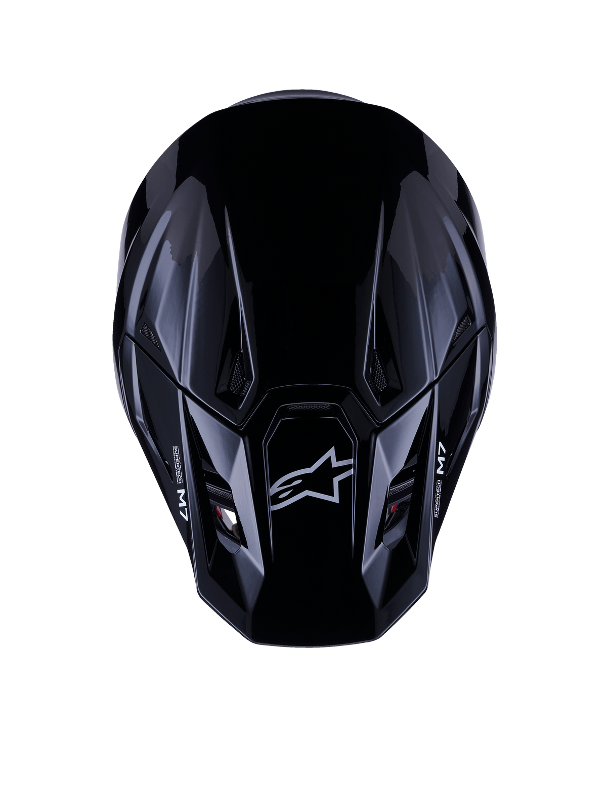 Alpinestars S-M7 Solid Helm ECE 22.06, Motocross-Helm, Glänzend Schwarz, Draufsicht zeigt aerodynamische Verbundschale mit Astars-Logo und M7-Branding, schlankes Design mit Belüftungsöffnungen für Offroad-Rennleistung