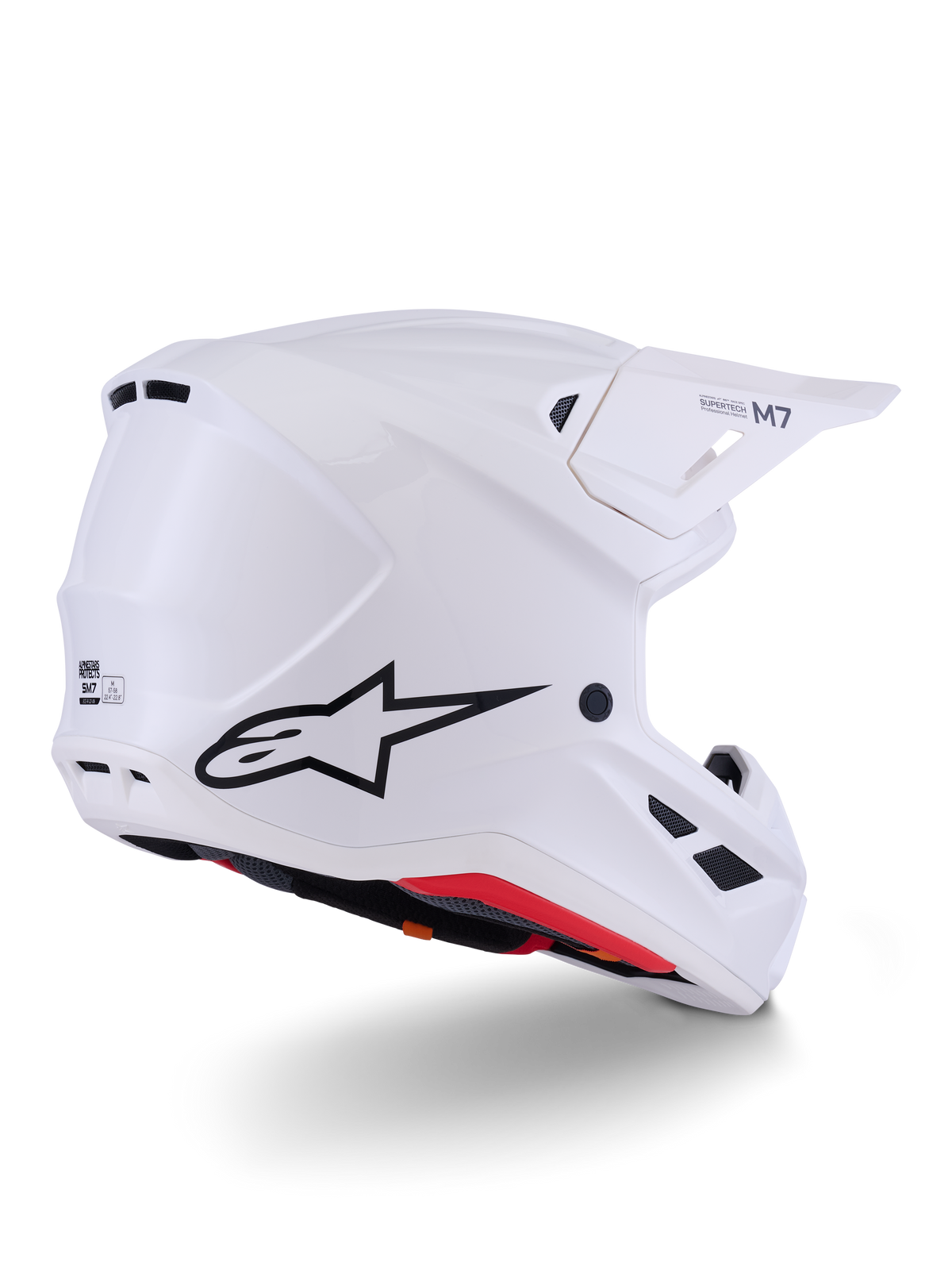 Casque Alpinestars S-M7 Solid ECE 22.06, casque de motocross, blanc brillant, design intégral tout-terrain, coque aérodynamique profilée avec de multiples ports de ventilation, visière noire, protection haute performance pour le motocross et la compétition hors-piste