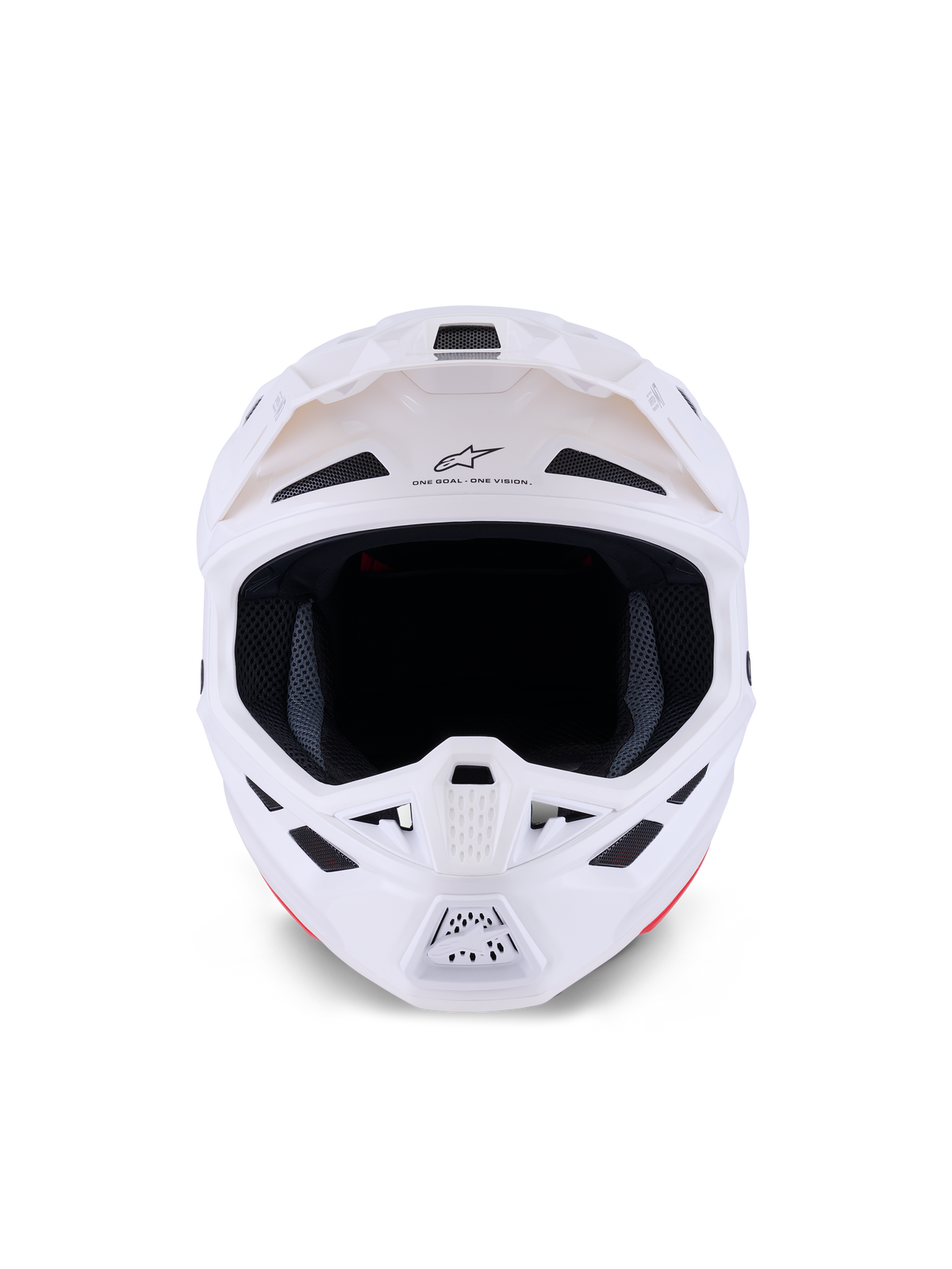 Casque Alpinestars S-M7 Solid, casque de motocross, blanc brillant, vue de face montrant les ports de ventilation et la mentonnière, design de coque composite aérodynamique pour la course tout-terrain