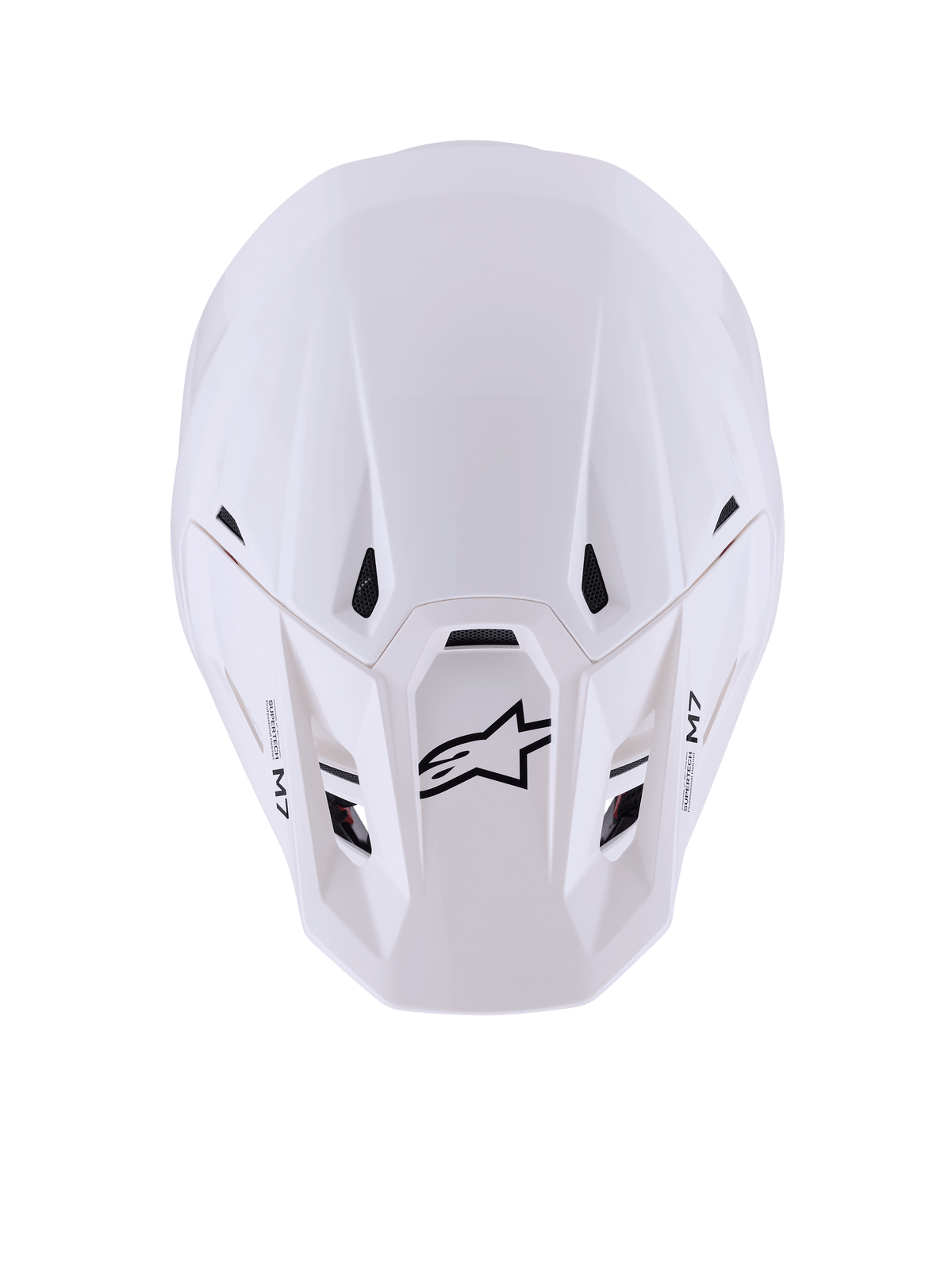 Casque Alpinestars S-M7 Solid, casque de motocross, blanc brillant, vue de dessus montrant une coque aérodynamique fluide, prises d'air noires, logo Astar noir et marquage M7 sur la visière, équipement de course tout-terrain haute performance