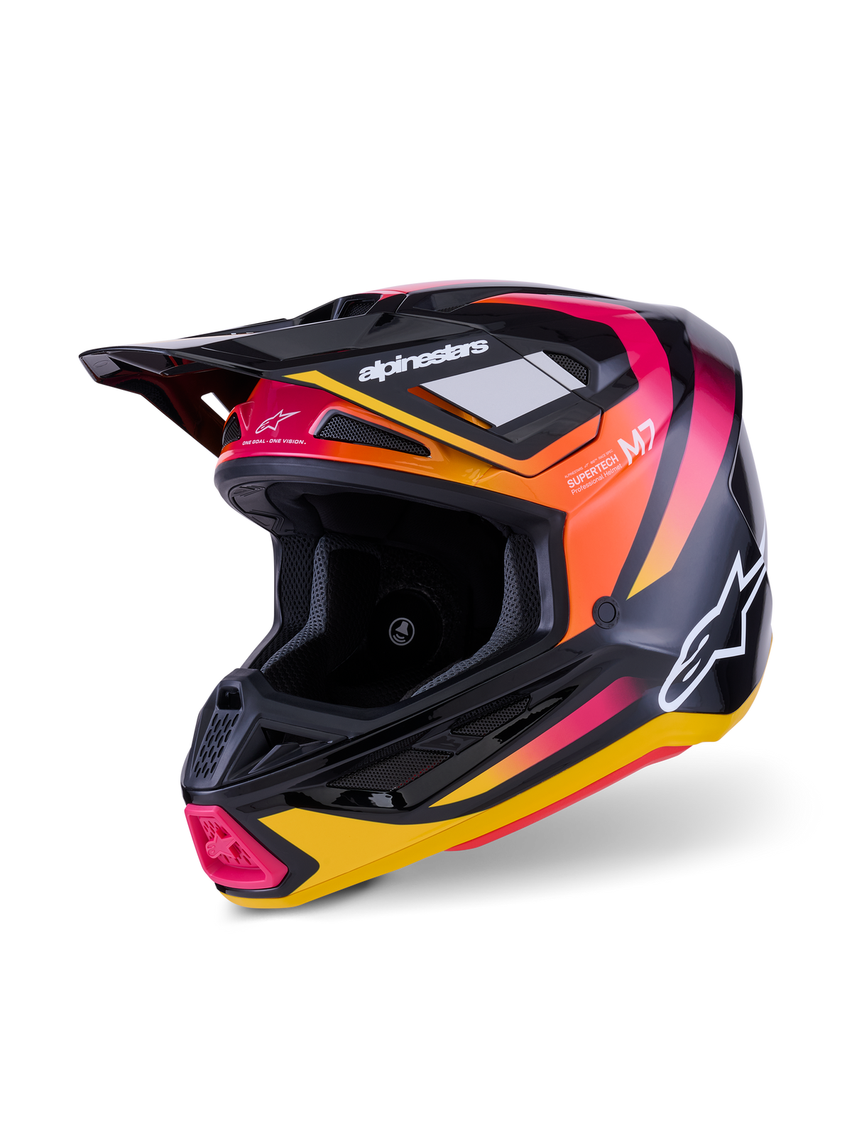Alpinestars S-M7 Rise Helm, Motocross-Helm, Schwarz, Gelb und Pink glänzend, aerodynamische Verbundschale mit leuchtenden Farbverlaufsgrafiken, weiße Alpinestars-Logos und mehrere Belüftungsöffnungen für den Offroad-Rennsport.
