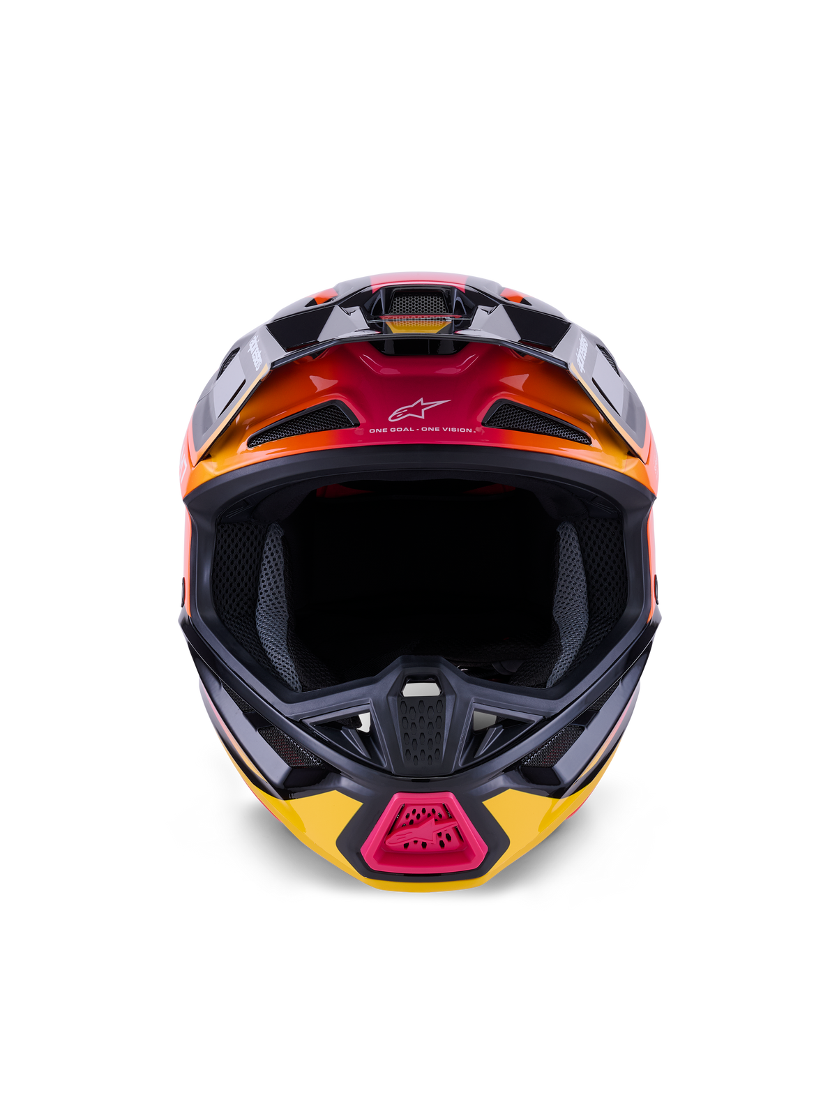 Alpinestars S-M7 Rise Helm ECE 22.06, Motocross-Helm, Schwarz, Gelb und Pink glänzend mit orangefarbenen Farbverläufen, Vorderansicht mit aerodynamischer Verbundschale, mehreren Belüftungsöffnungen mit Mesh-Einsätzen und „One Goal. One Vision.“ Branding, konzipiert für den Offroad-Rennsport.