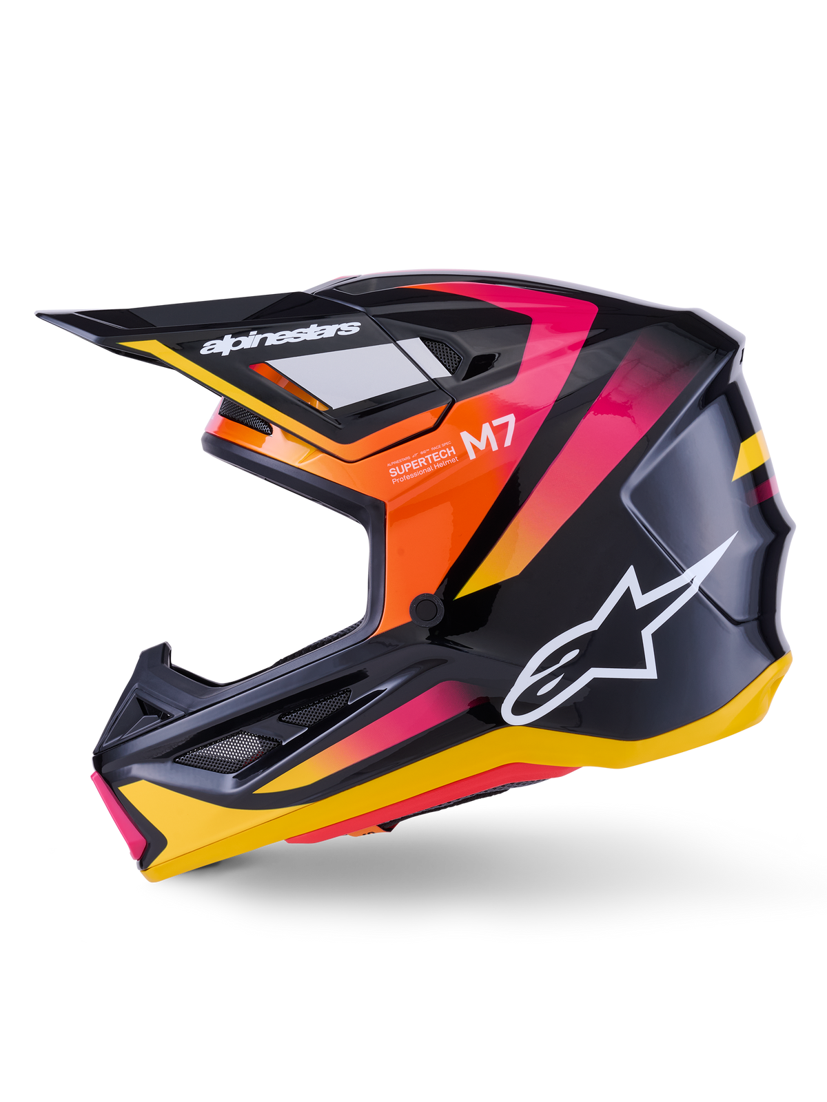 Alpinestars S-M7 Rise Helm, Motocross-Helm, Schwarz, Gelb und Pink Glänzend, Seitenprofil mit leuchtenden Akzenten in Orange und Pink mit Farbverlauf, weißes Alpinestars-Logo, schlankes aerodynamisches Design mit schwarzem Visier, professioneller Kopfschutz für den Offroad-Rennsport