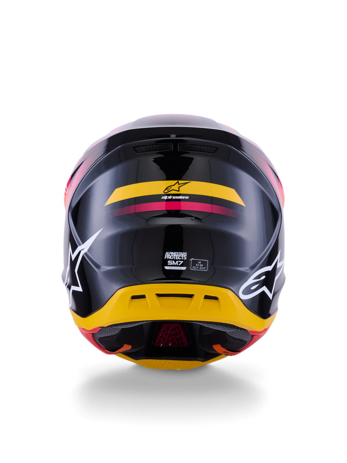Alpinestars S-M7 Rise Helm ECE 22.06, Motocross-Helm, Rückansicht, Glänzend Schwarz mit gelben und pinken Akzenten, große weiße Logos an den Seiten, aerodynamische Verbundschale, Offroad-Rennausrüstung