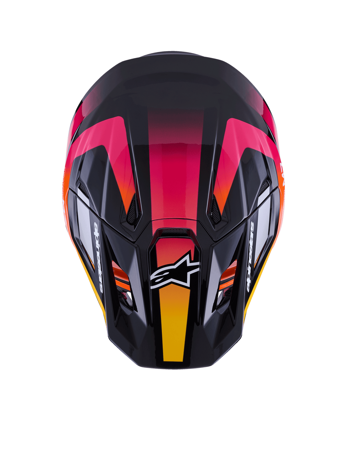 Alpinestars S-M7 Rise Helm ECE 22.06, Motocross-Helm, Schwarz, Pink und Gelb glänzend, Draufsicht zeigt aerodynamische Verbundschale, lebhaftes Farbverlaufsdesign, Belüftungsöffnungen und weißes Alpinestars-Logo auf der Vorderseite