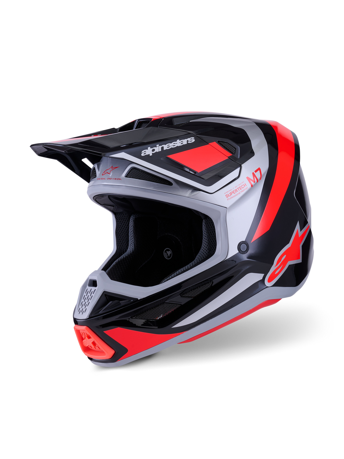 Alpinestars S-M7 Rise Helm, Motocross-Helm, Schwarz, Silber und Rot Fluo glänzend, aerodynamische Verbundschale mit mehreren Belüftungsöffnungen, verstellbares Visier und markantes Branding für den Offroad-Rennsport