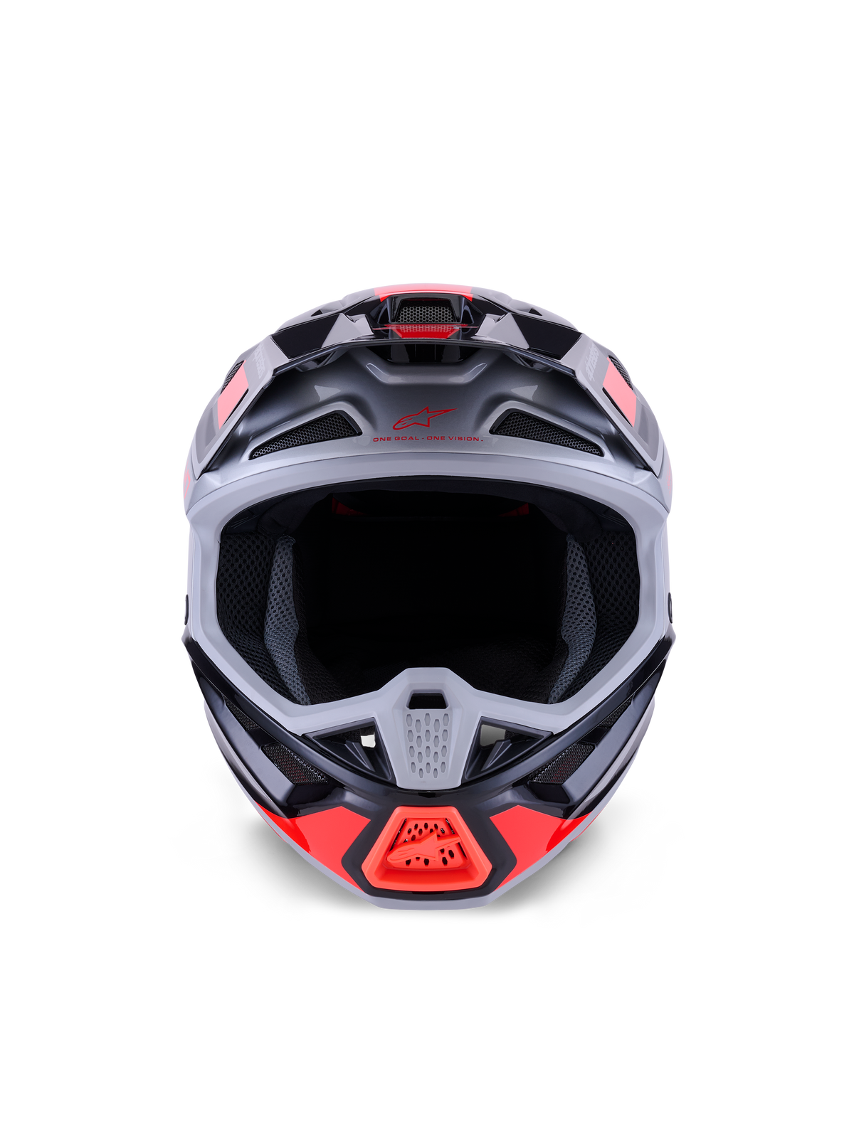 Alpinestars S-M7 Rise Helm, Motocross-Helm, Schwarz, Silber und Fluo-Rot glänzend, Vorderansicht mit aerodynamischer Verbundschale, mehreren Einlassöffnungen und großem Sichtfeld, entwickelt für Schutz im Offroad-Rennsport