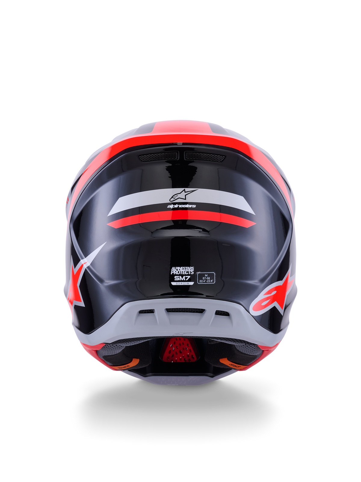 Alpinestars S-M7 Rise Helm ECE 22.06, Motocross-Helm, Rückansicht, Schwarz, Silber und Red Fluo glänzend, mit Alpinestars-Logo und S-M7-Branding, glänzendes Finish mit aerodynamischer Schale und Belüftungsdetails