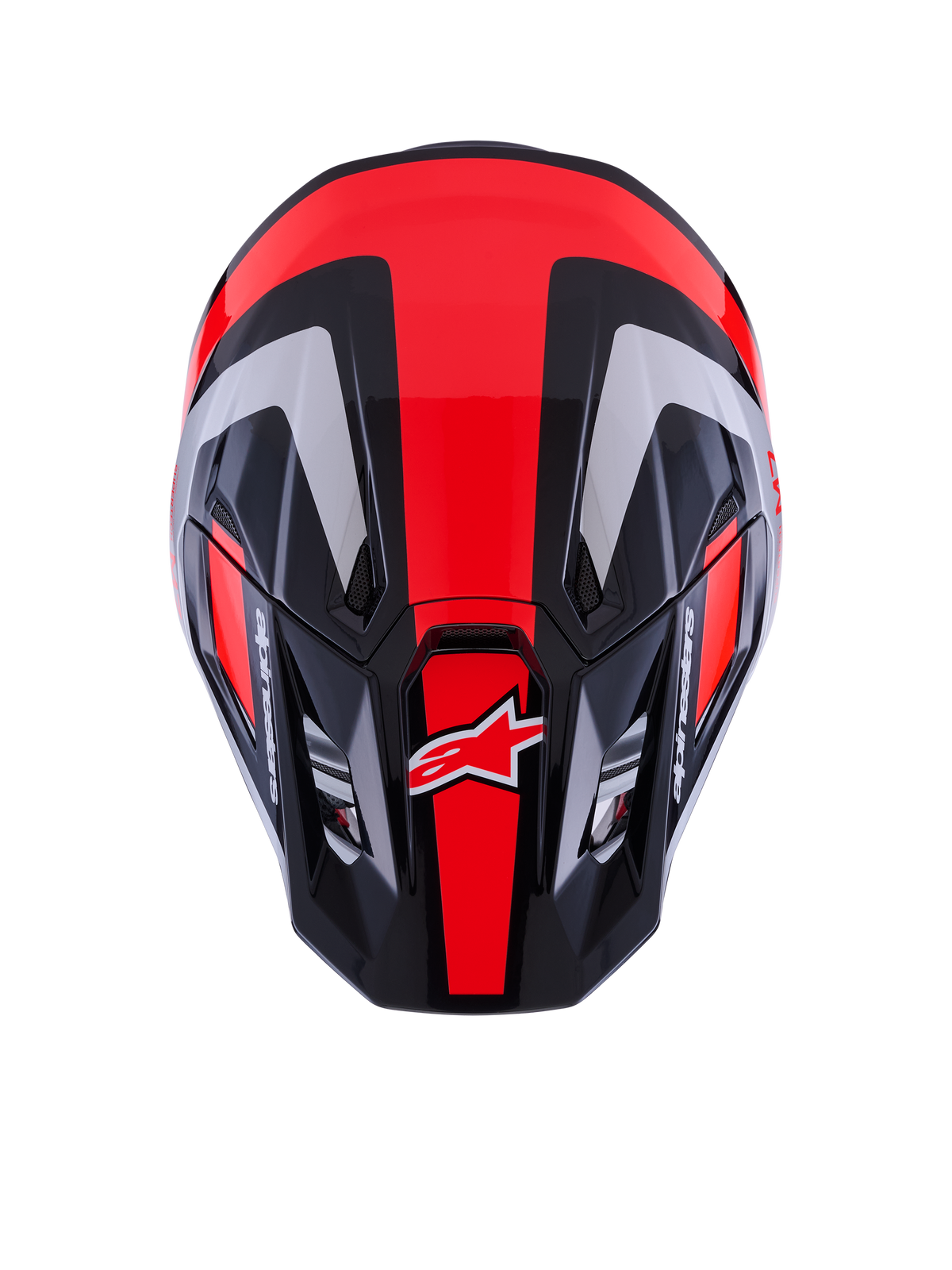 Alpinestars S-M7 Rise Helm ECE 22.06, Motocross-Helm, Schwarz, Silber und glänzendes Fluo-Rot, Draufsicht zeigt aerodynamische Schale mit Belüftungsöffnungen, mit fluoreszierenden roten Streifen und Alpinestars-Branding, professionelle Ausrüstung für Offroad-Rennen