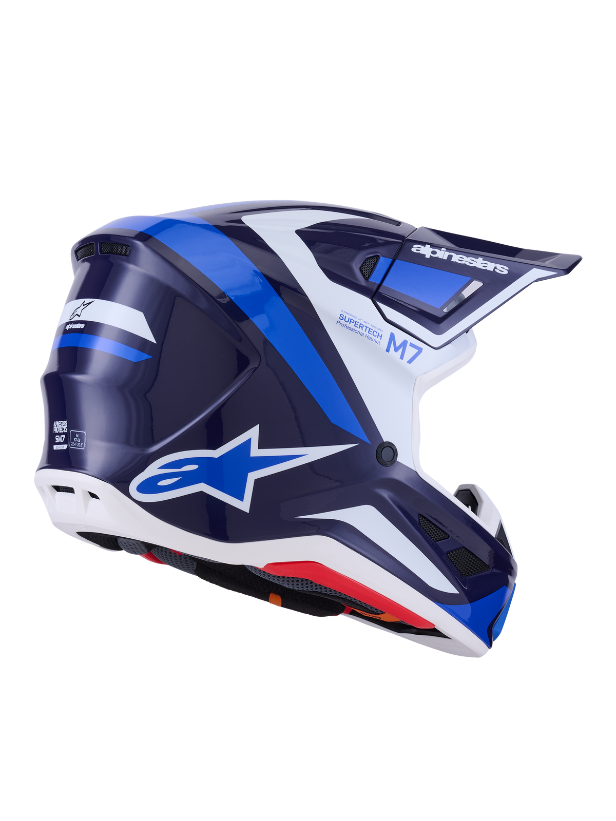 Alpinestars S-M7 Rise Helm, Motocross-Helm, Blau Weiß Glänzend, marineblaue und hellblaue Grafiken mit weißen Akzenten, Alpinestars-Logos an der Seite und Rückseite, aerodynamisches Schalendesign mit Belüftungsöffnungen, professionelle Offroad-Rennausrüstung