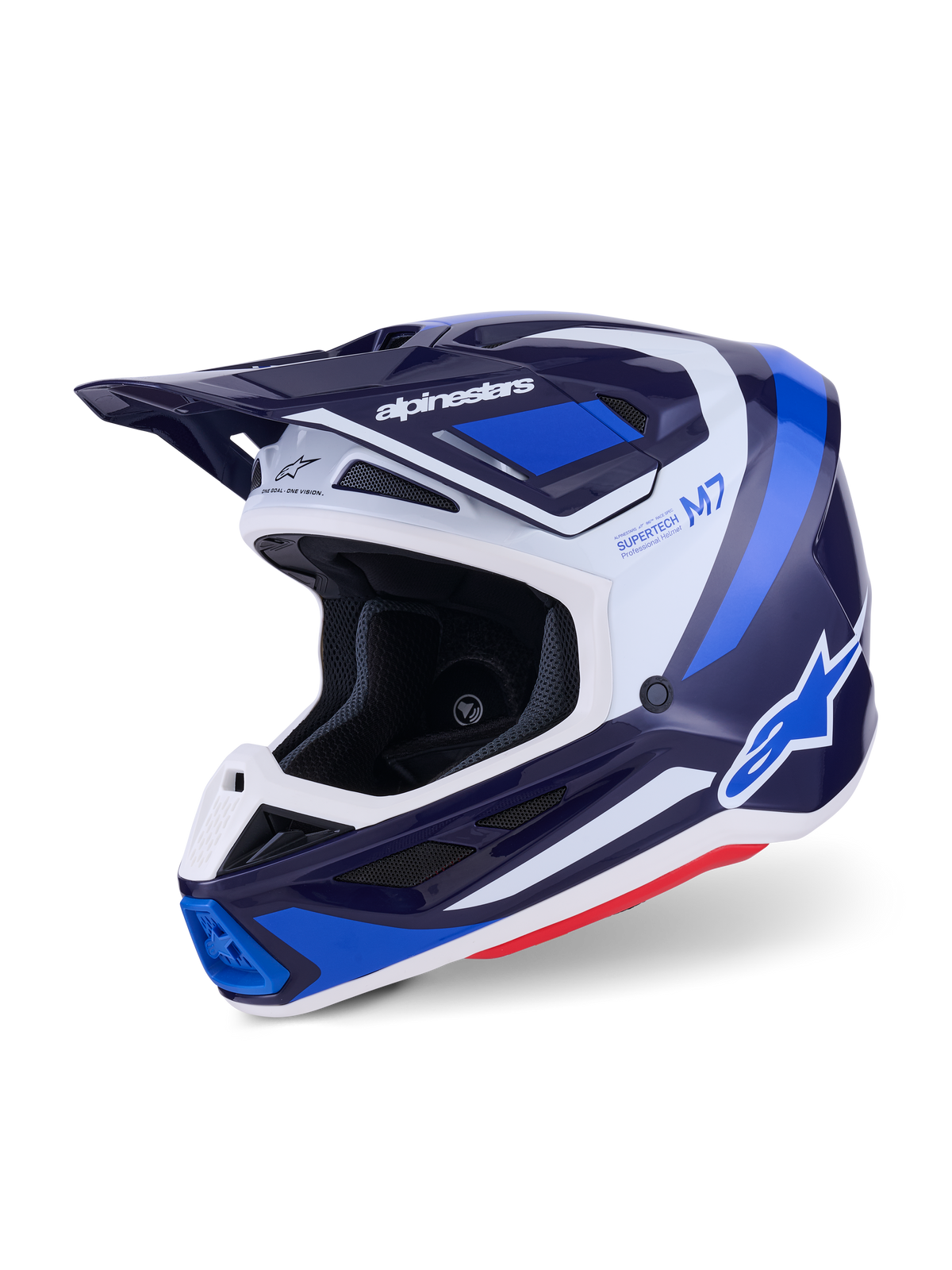 Alpinestars S-M7 Rise Motocross-Helm, Blau Weiß Glänzend, Dreiviertelansicht zeigt aerodynamische Schale mit integriertem Visier und mehreren Belüftungsöffnungen, mit weißen und blauen grafischen Akzenten und markantem Branding, Hochleistungs-Offroad-Rennausrüstung