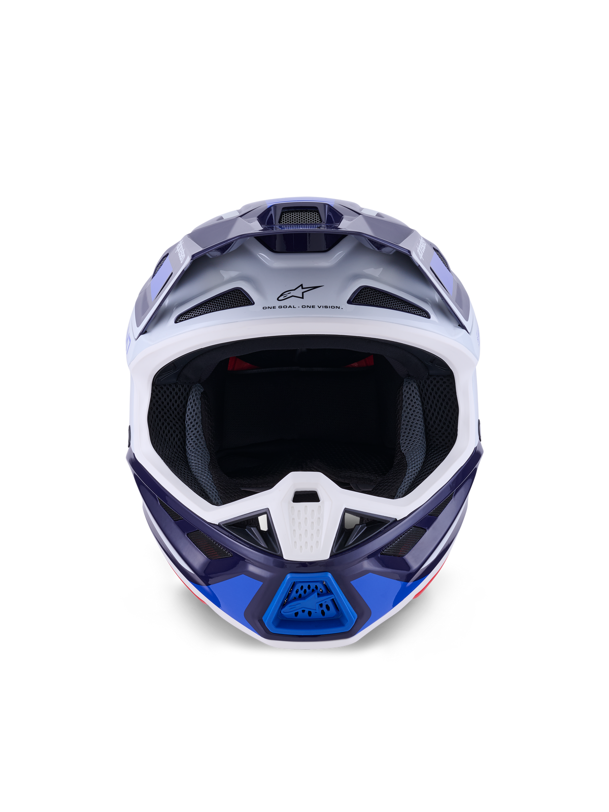 Alpinestars S-M7 Rise Helm, Blau Weiß Glänzend, Vorderansicht, Offroad-Motocross-Helm mit mehreren Belüftungsöffnungen, Astars-Logo auf der Stirn, aerodynamisches Verbundschalen-Design