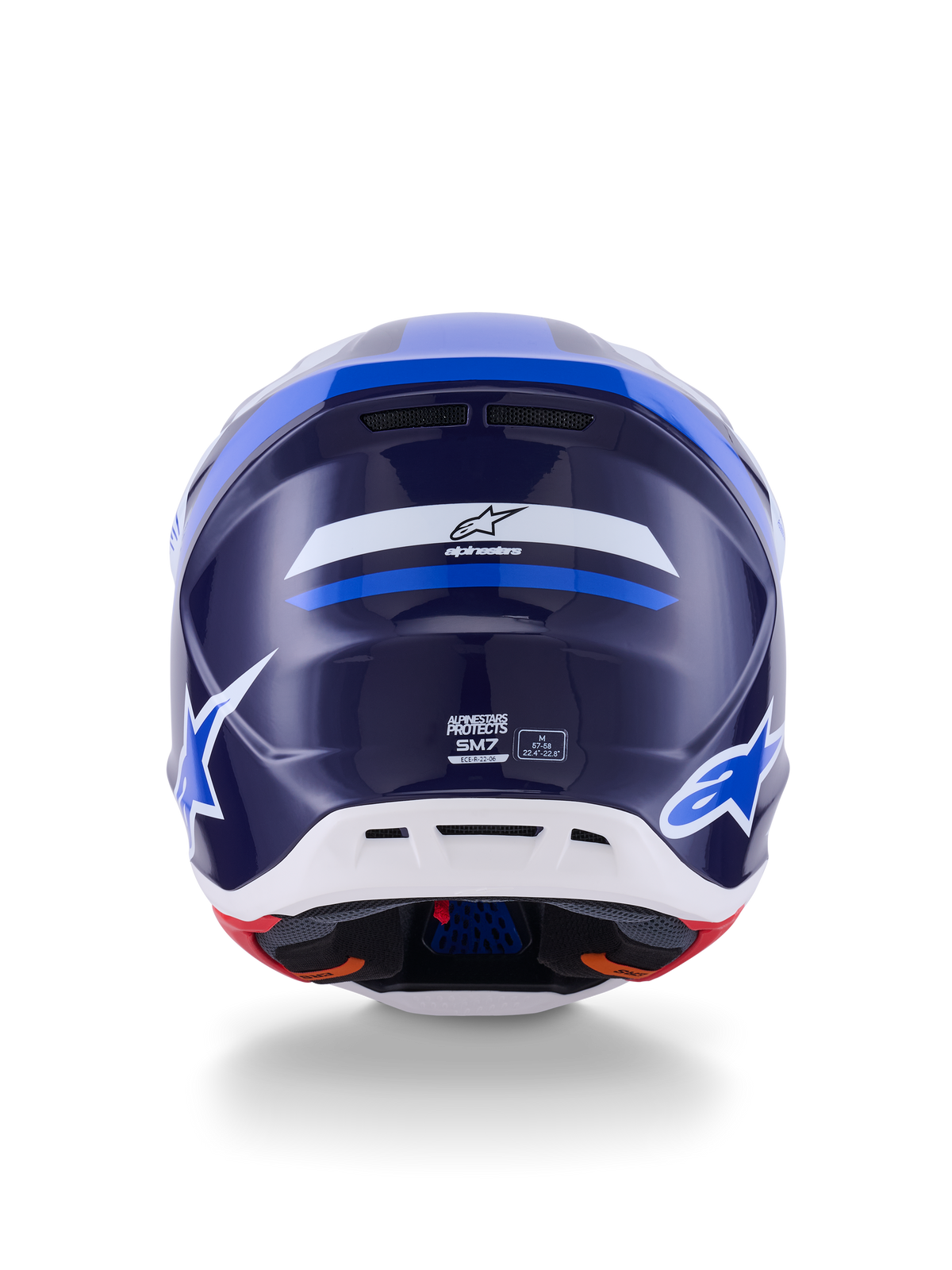 Alpinestars S-M7 Rise Helm, Rückansicht, Blau und Weiß glänzend, mit Alpinestars-Logo und SM7-Branding, aerodynamische Verbundschale mit weißem unteren Bereich und Belüftungsöffnungen, Hochleistungs-Motocross-Kopfschutz